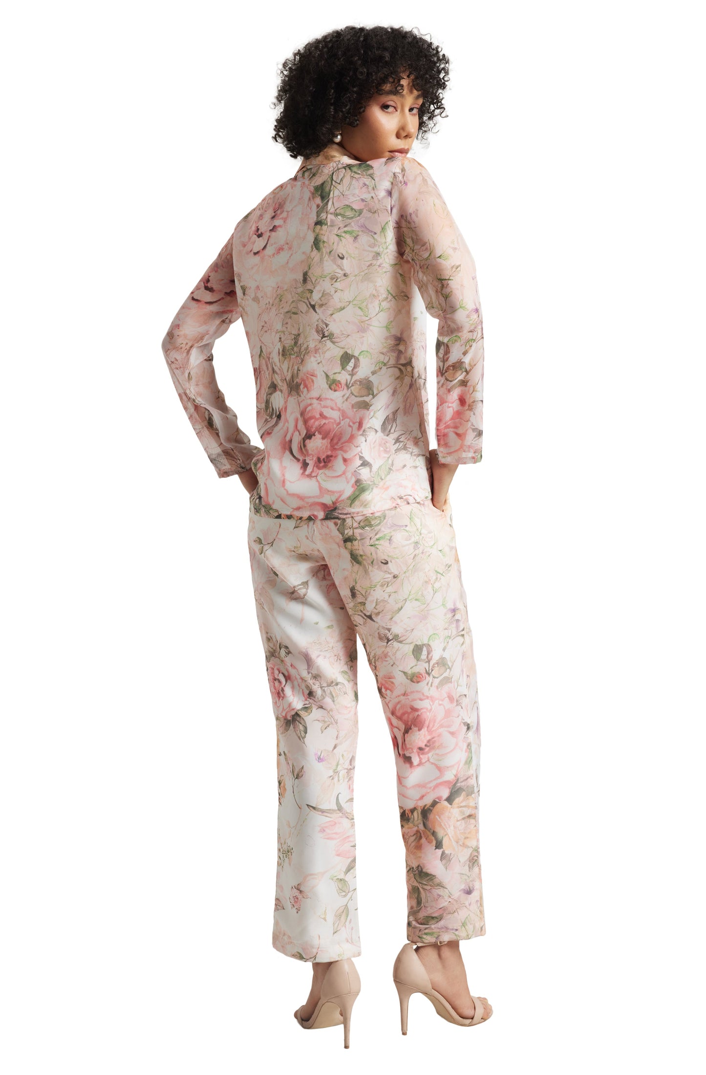 Zaccai Women's Beige Organza Floral Co-ord Set - Swadesiicart