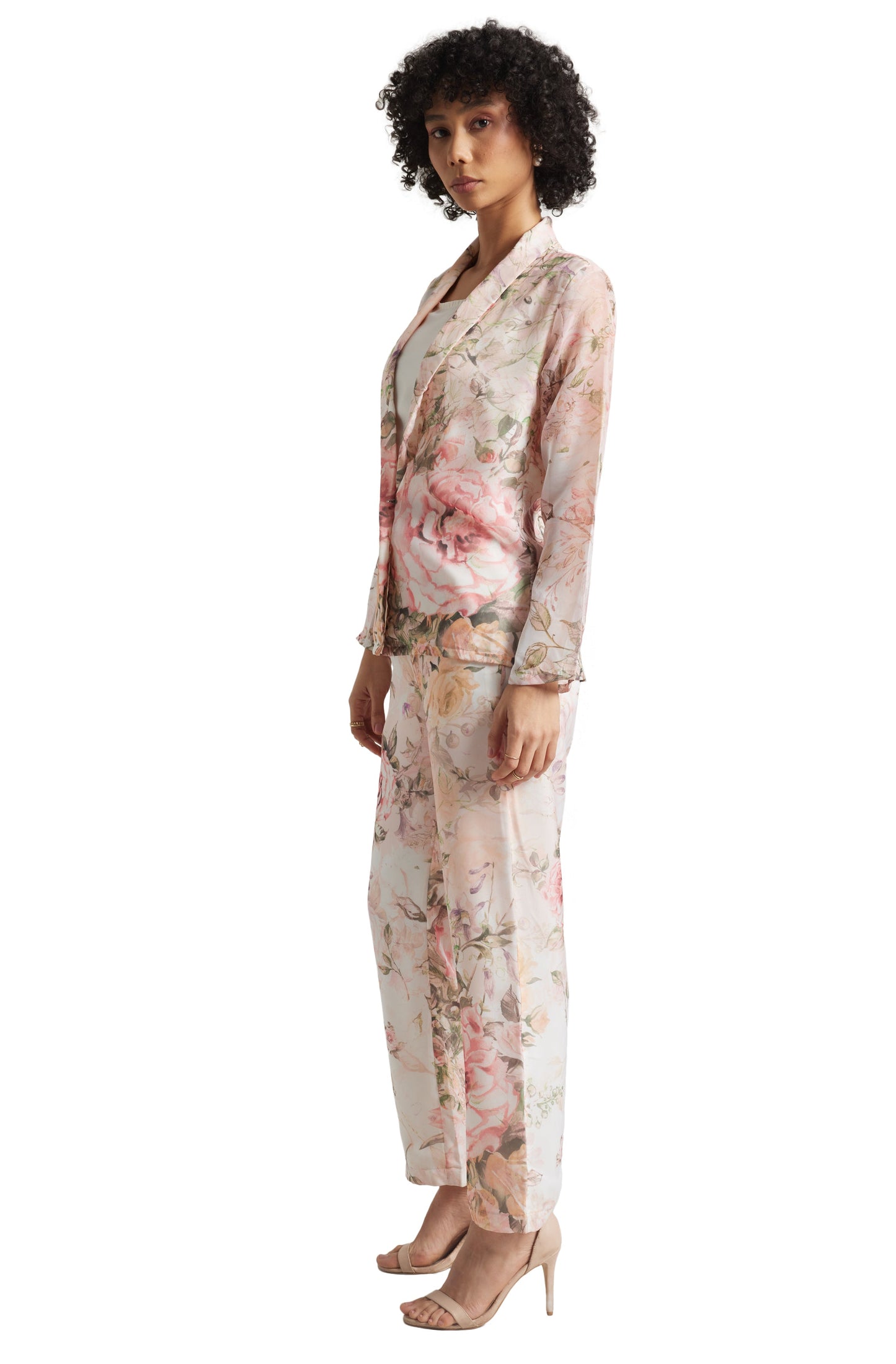 Zaccai Women's Beige Organza Floral Co-ord Set - Swadesiicart