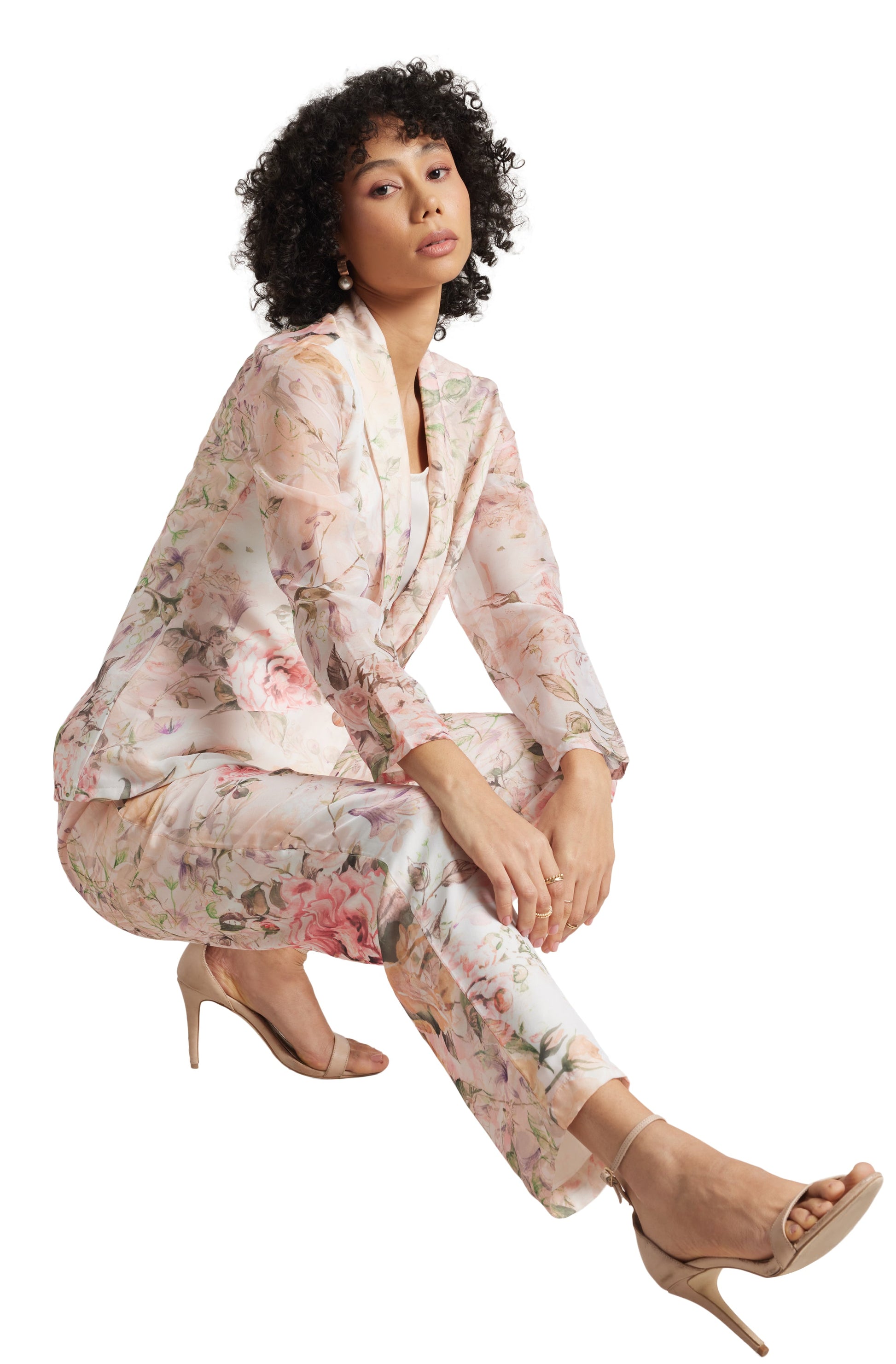 Zaccai Women's Beige Organza Floral Co-ord Set - Swadesiicart