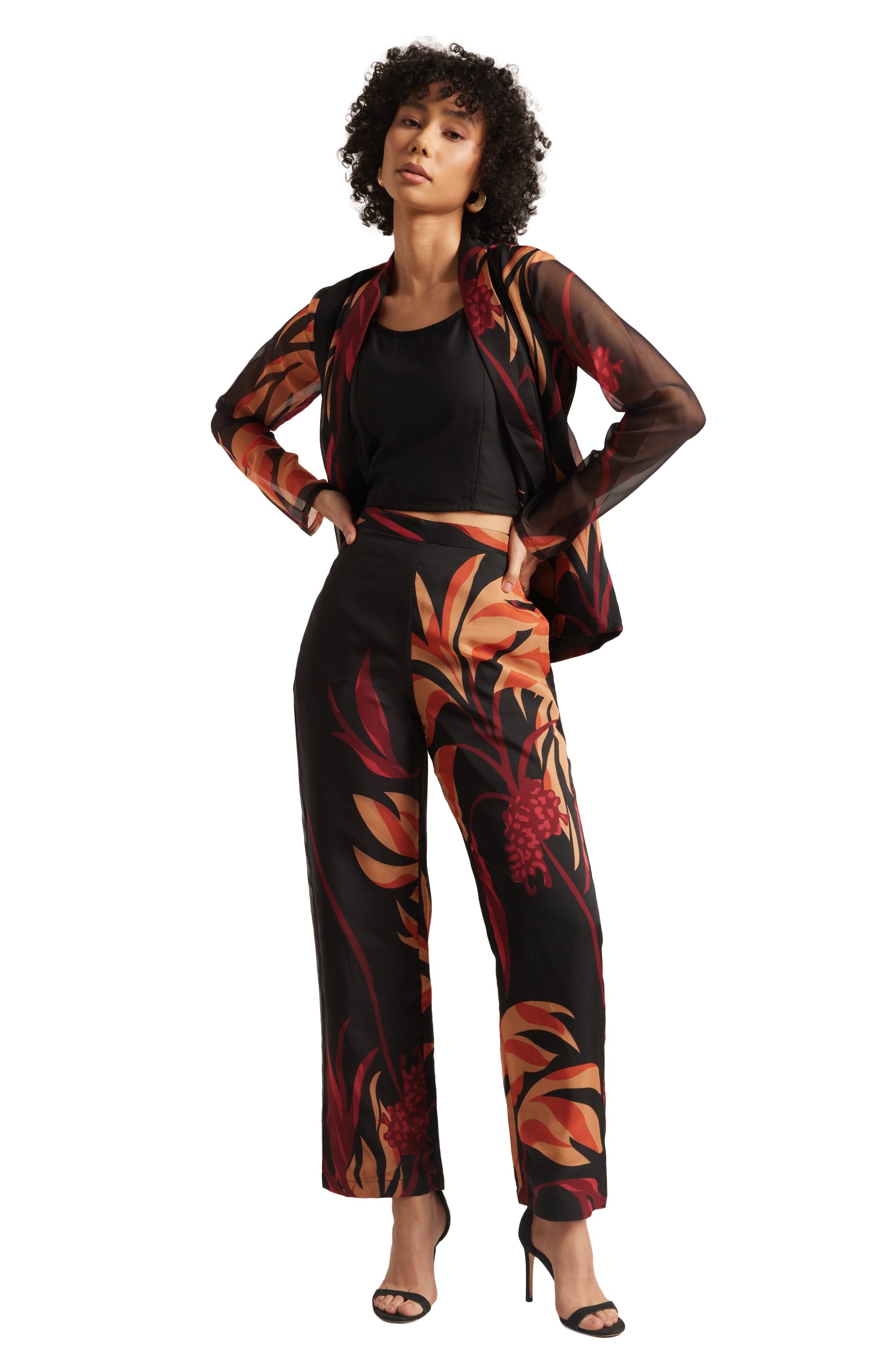 Zaccai Women's Black Organza Abstract Co-ord Set - Swadesiicart