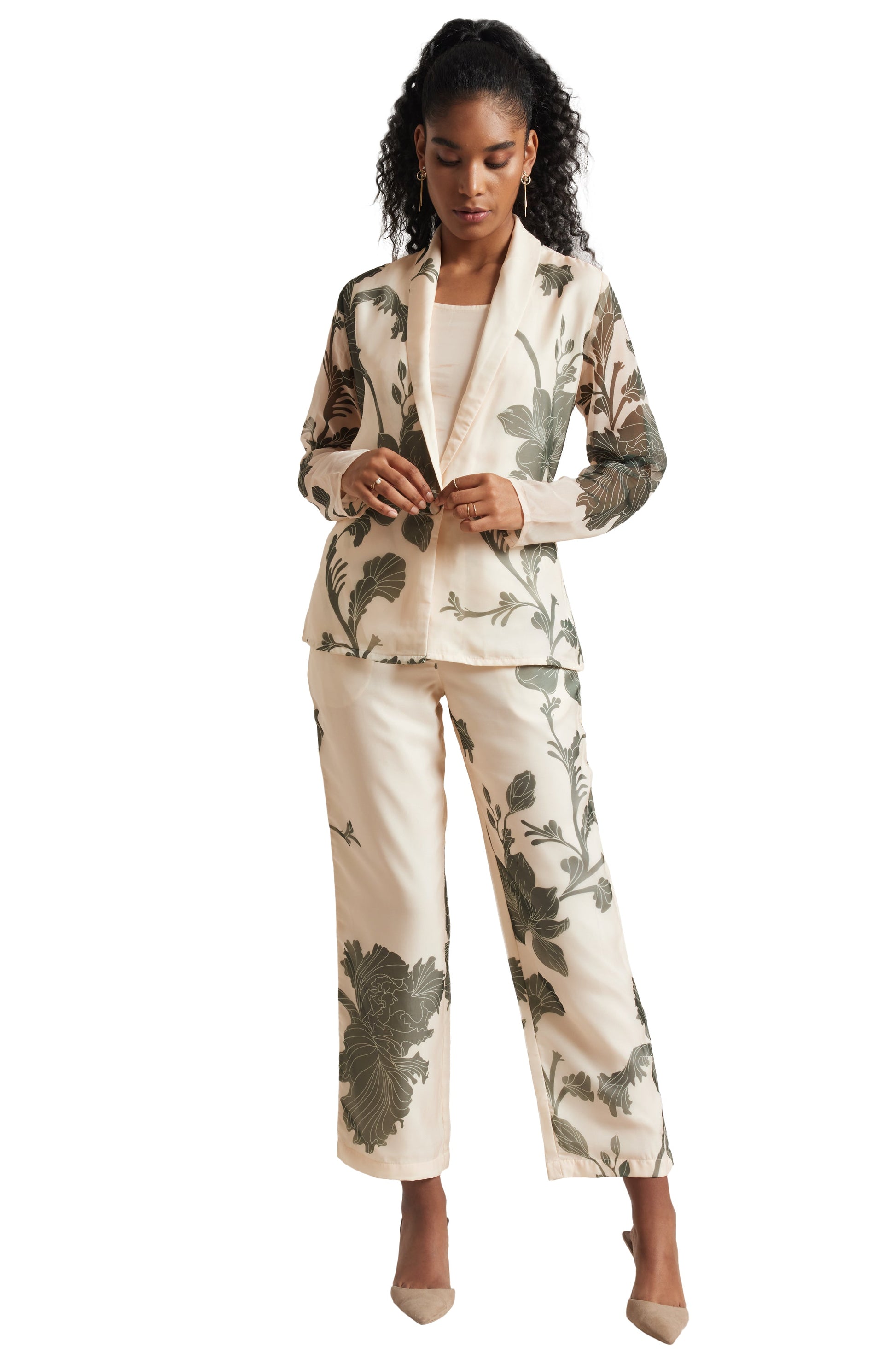Zaccai Women's Cream Organza Floral Co-ord Set - Swadesiicart