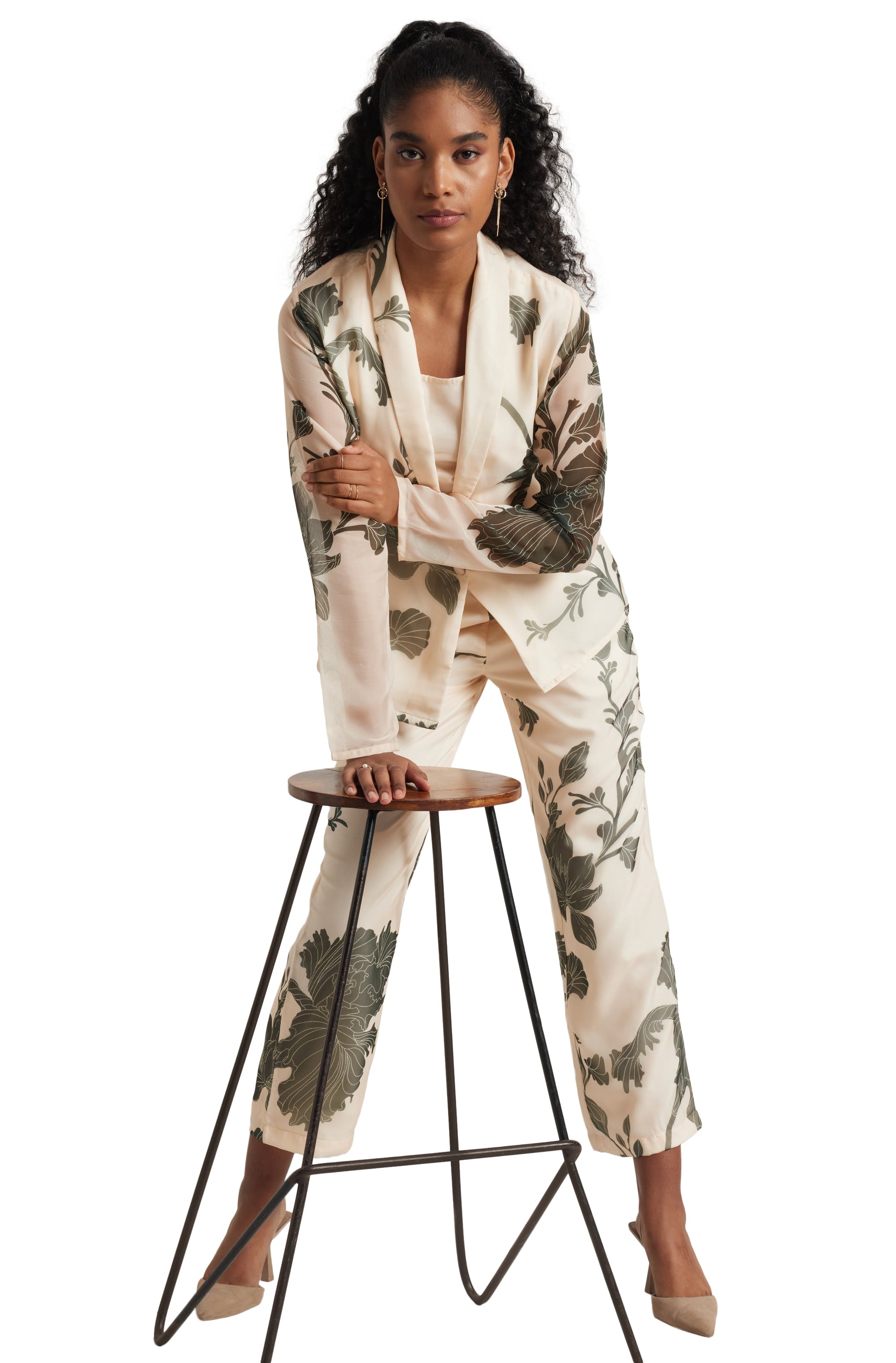 Zaccai Women's Cream Organza Floral Co-ord Set - Swadesiicart