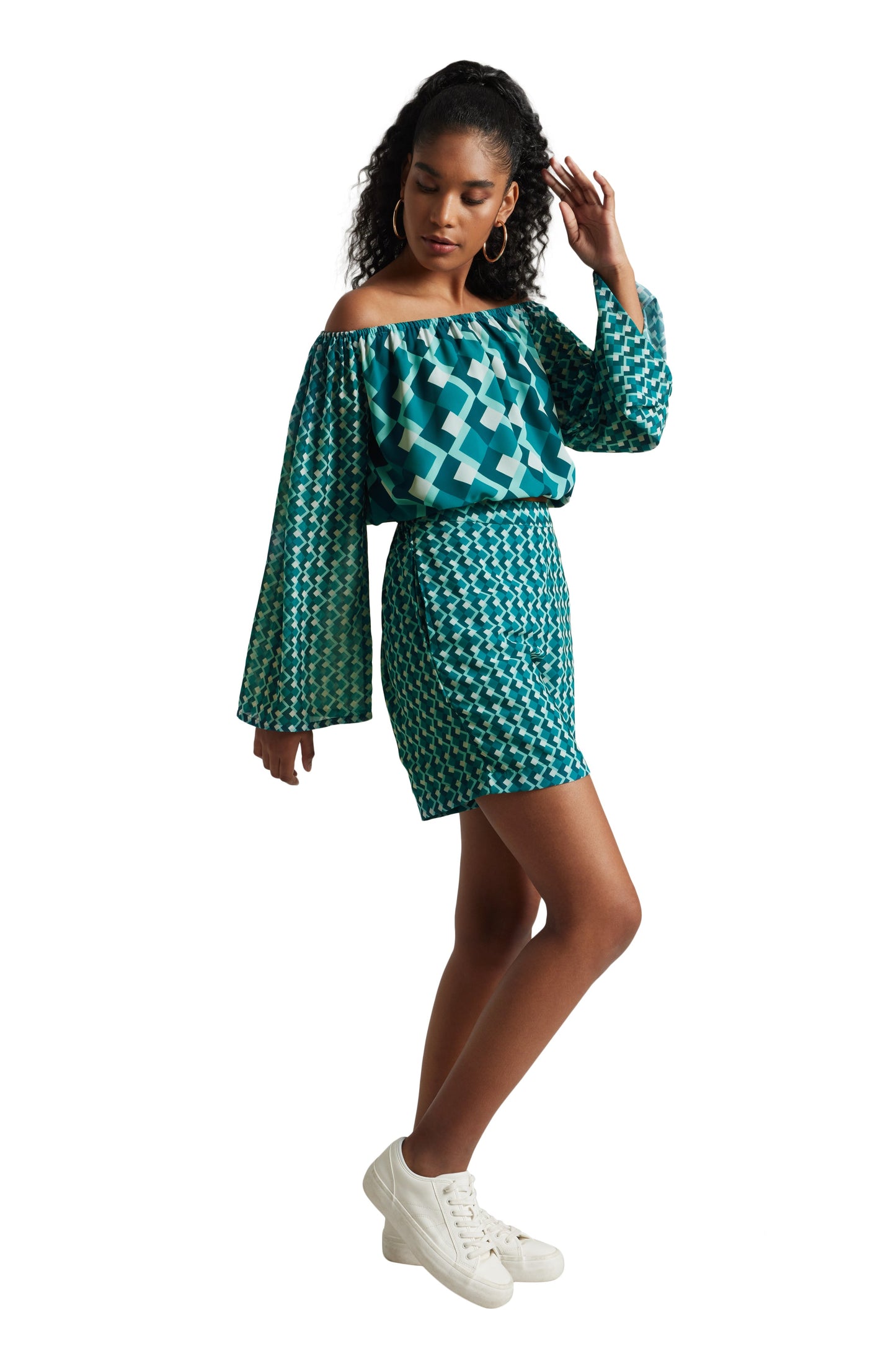 Zaccai Women's Teal Georgette Geometric Co-ord Set - Swadesiicart