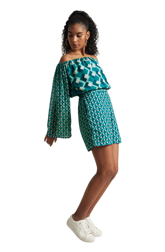 Zaccai Women's Teal Georgette Geometric Co-ord Set - Swadesiicart