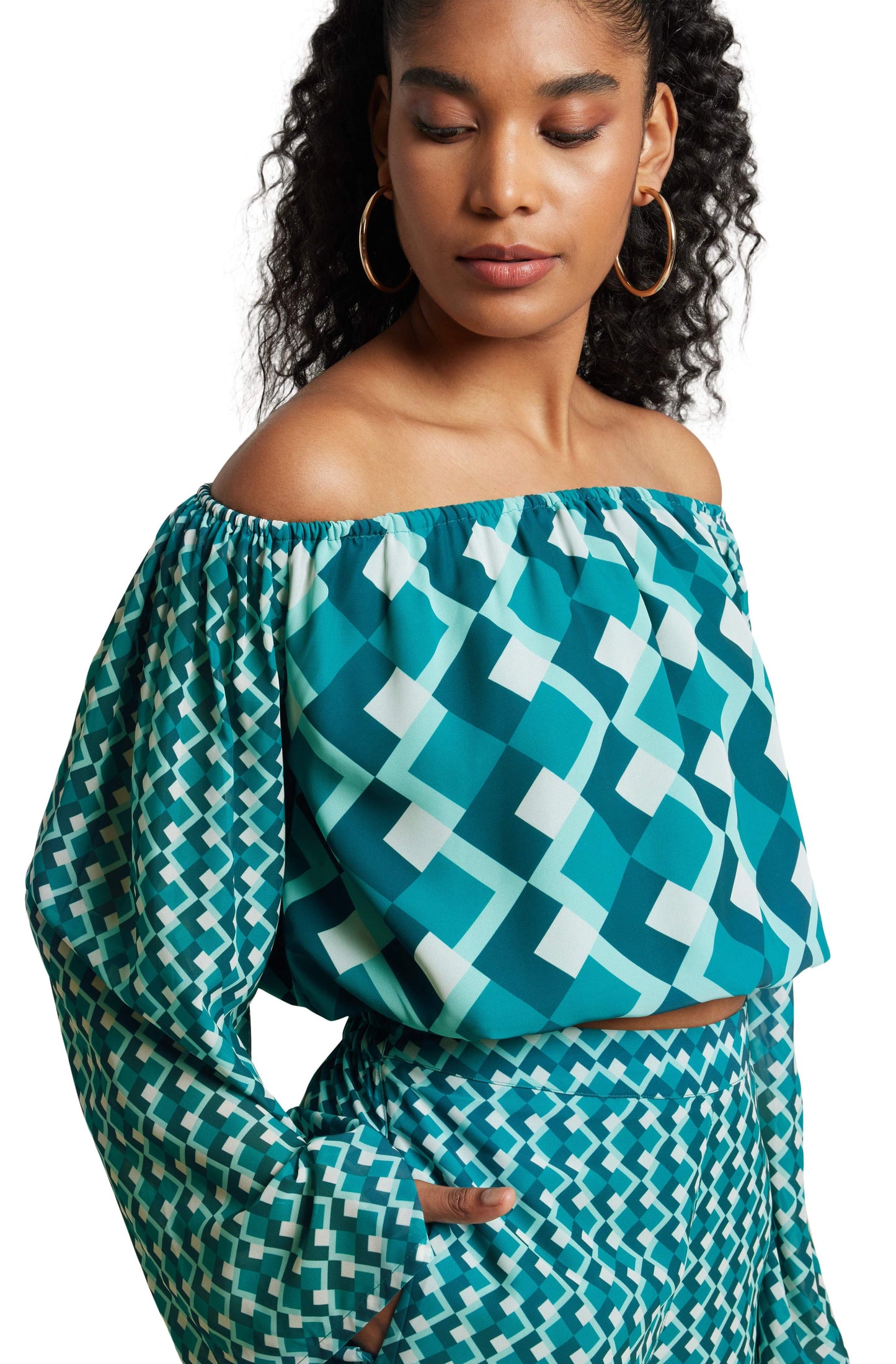 Zaccai Women's Teal Georgette Geometric Co-ord Set - Swadesiicart