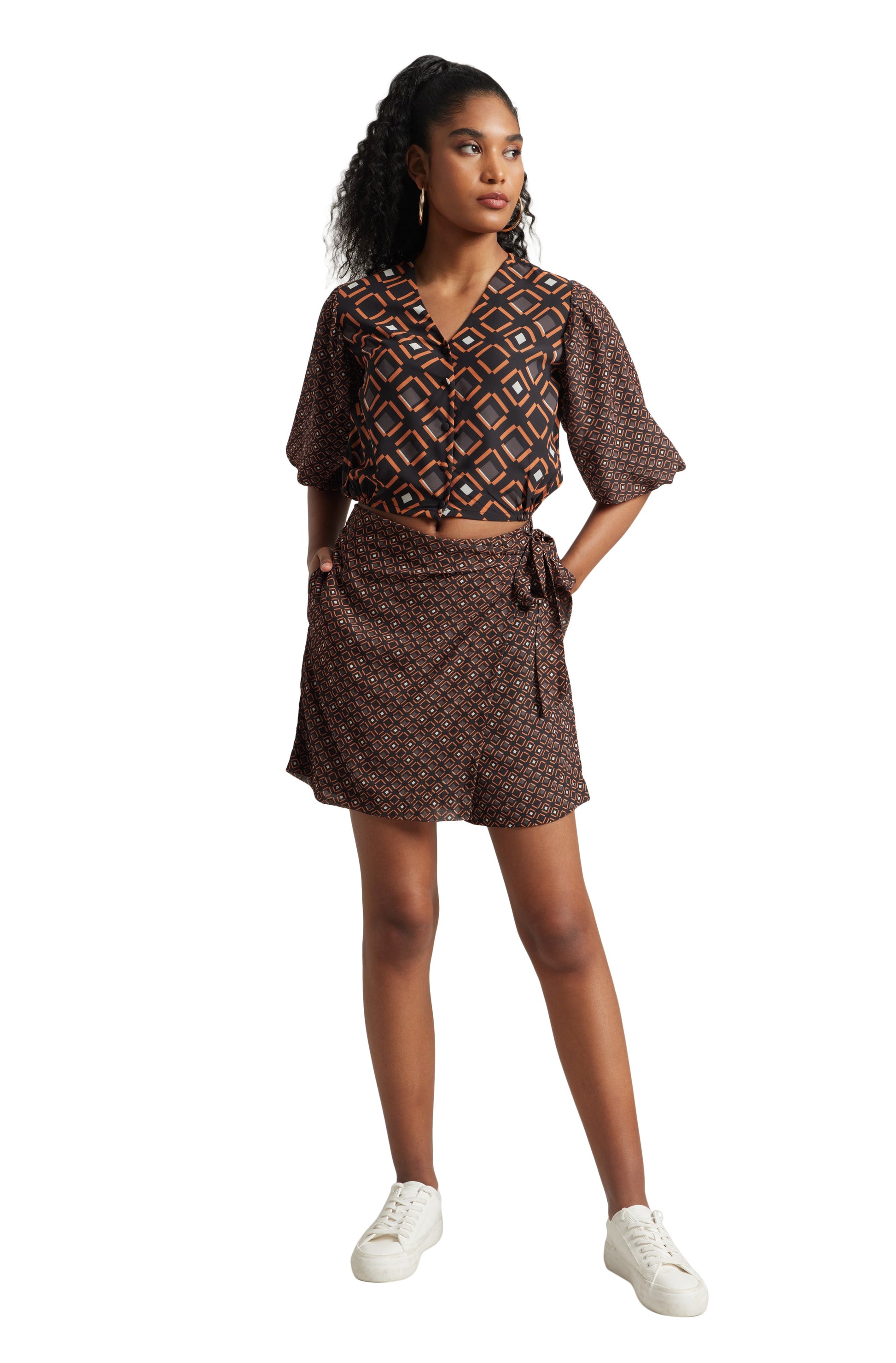 Zaccai Women's Black Georgette Geometric Co-ord Set - Swadesiicart