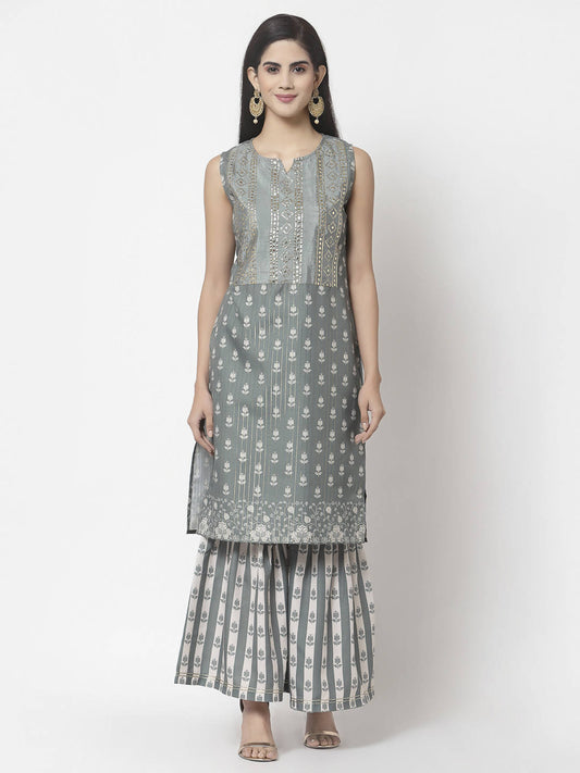 Myshka Women Grey Cotton Blend Printed Sleeveless Round Neck Kurta With Sharara & Dupatta Set | Swadesiicart