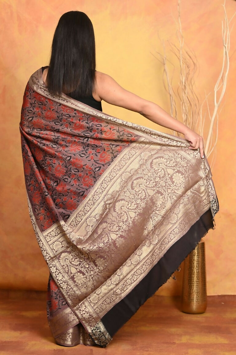 Very Much Indian Modal Silk Ajrakh Handblock Printed Natural Dyes With Designer Border Saree - Maroon | Swadesiicart