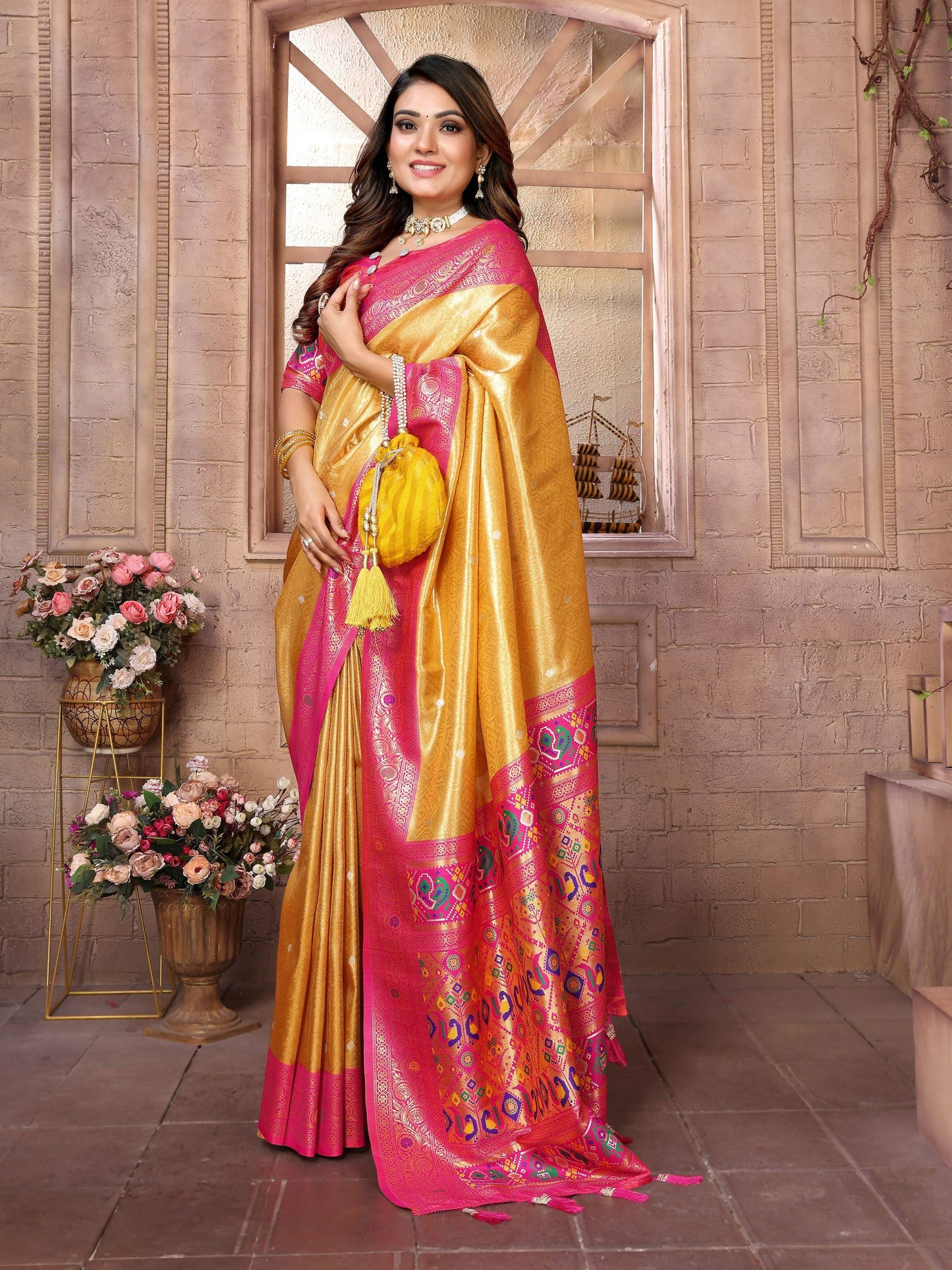Aastha Fashion Yellow Banarasi Tissue Silk Weaving Saree