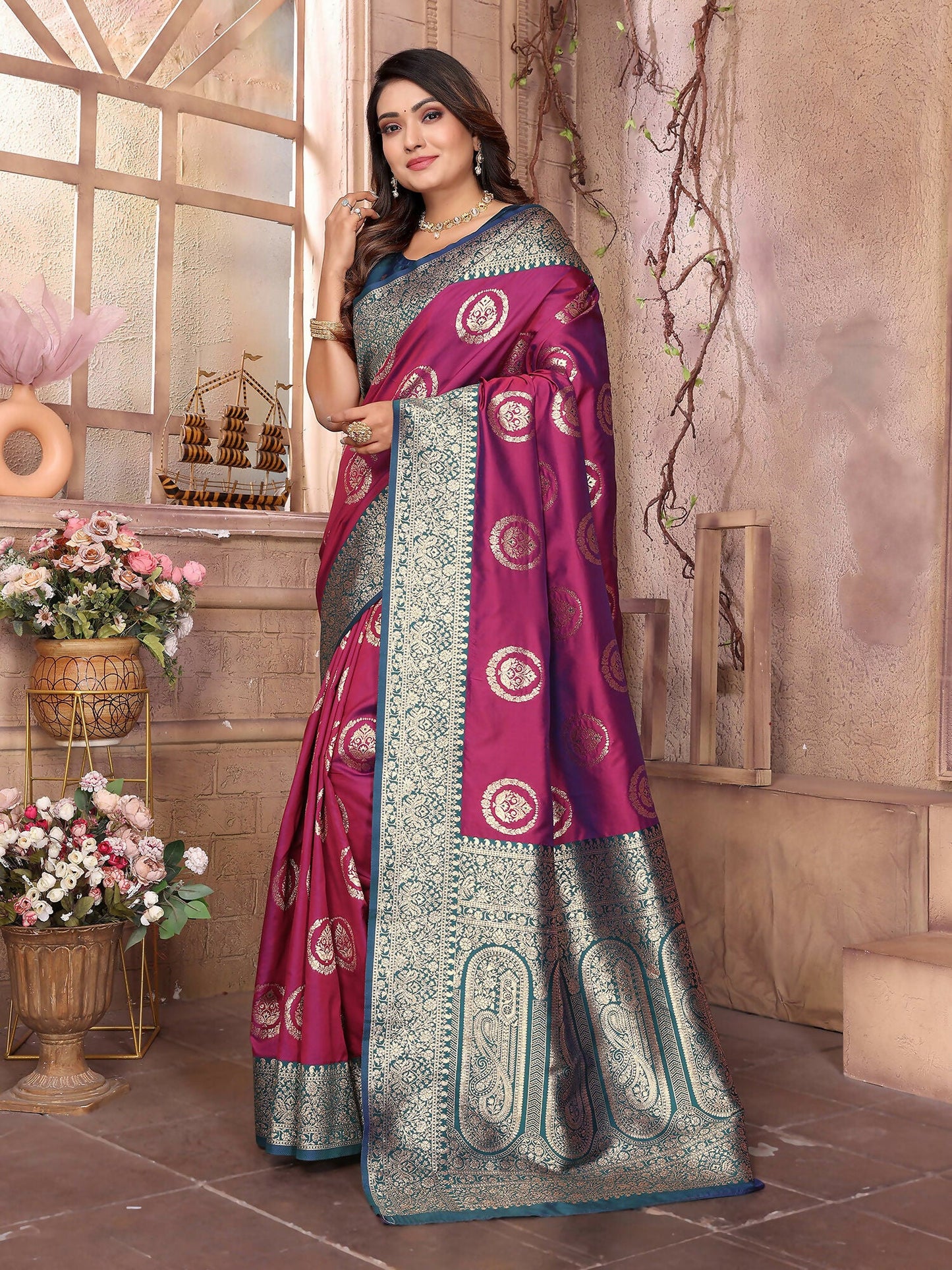 Joban Fashion Magenta Banarasi Soft Silk Woven Saree | Swadesiicart