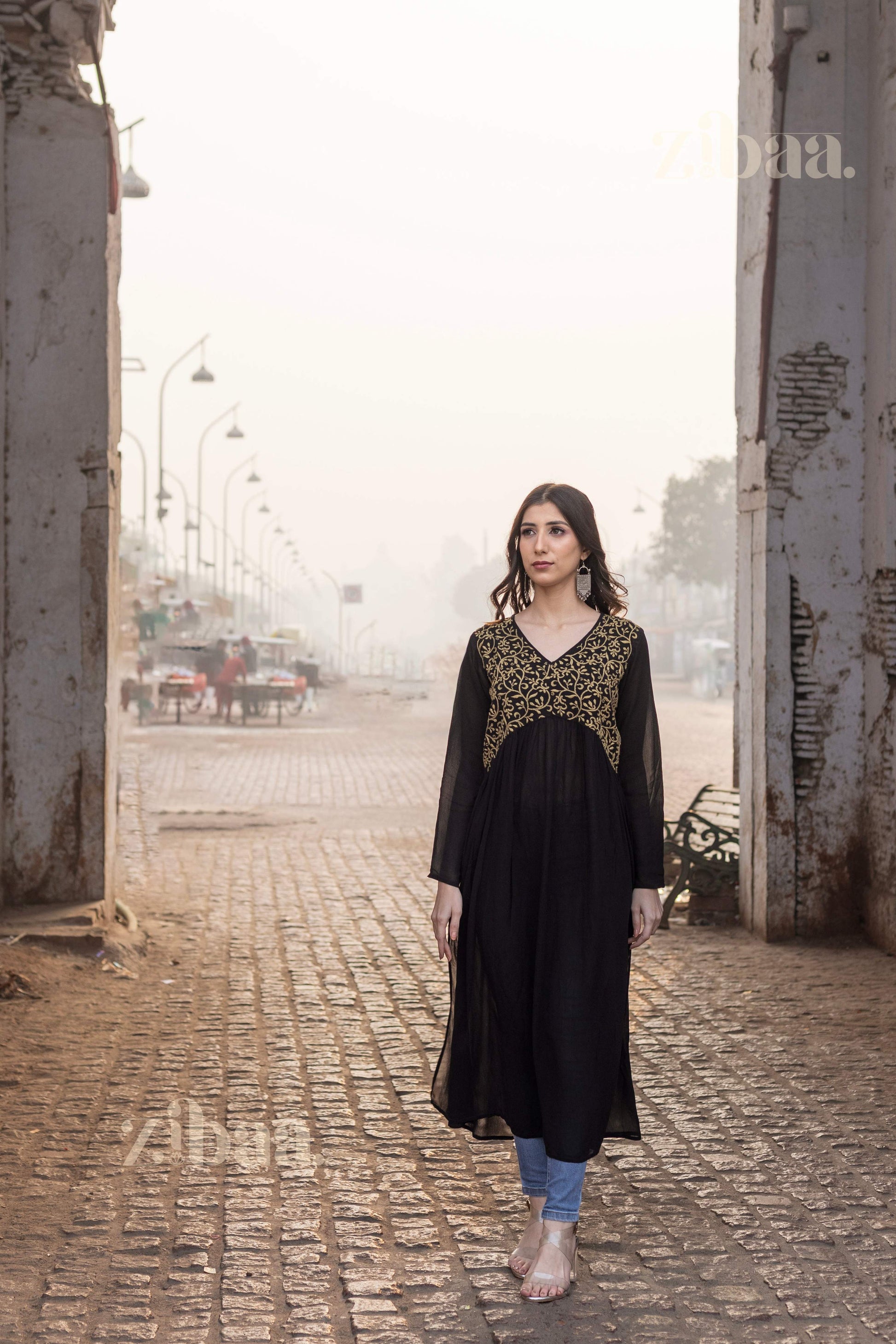 Zibaa Black Georgette Nyra Cut Chikankari Kurti - Swadesiicart