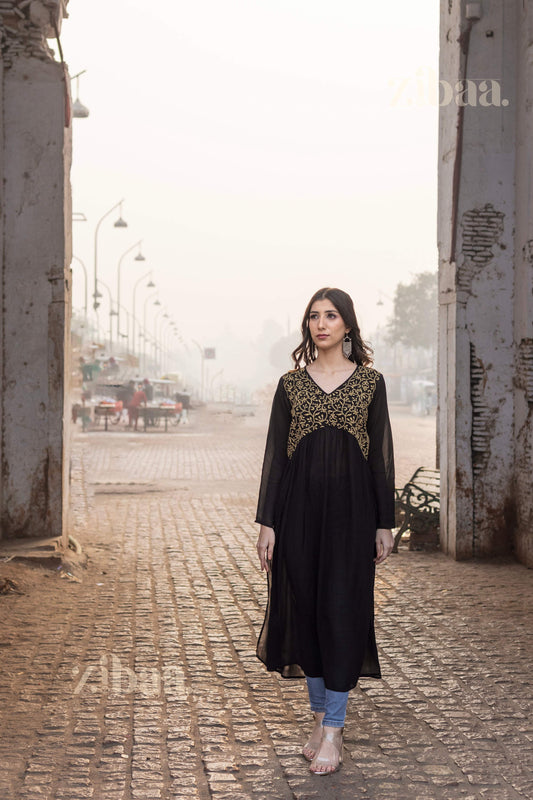 Zibaa Black Georgette Nyra Cut Chikankari Kurti - Swadesiicart