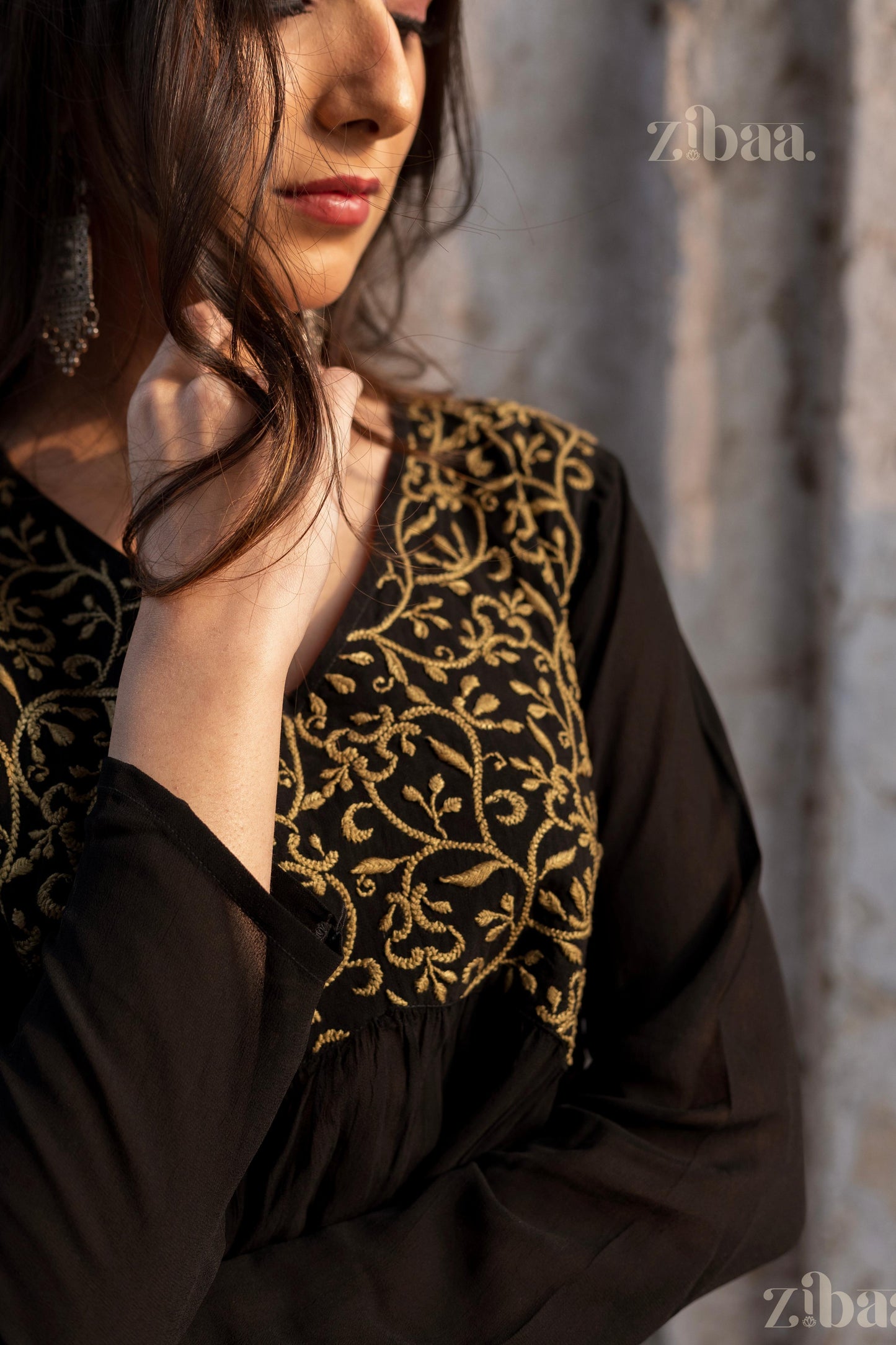 Zibaa Black Georgette Nyra Cut Chikankari Kurti - Swadesiicart