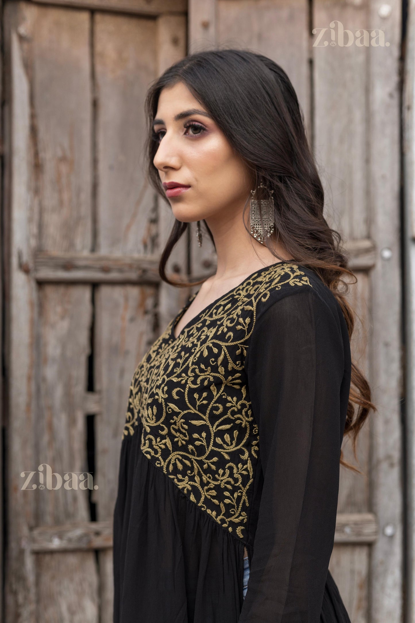 Zibaa Black Georgette Nyra Cut Chikankari Kurti - Swadesiicart