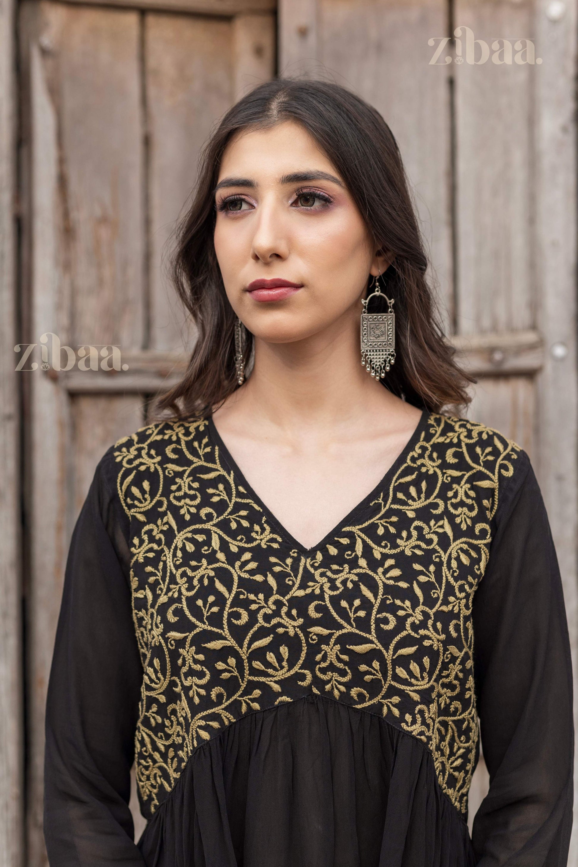 Zibaa Black Georgette Nyra Cut Chikankari Kurti - Swadesiicart