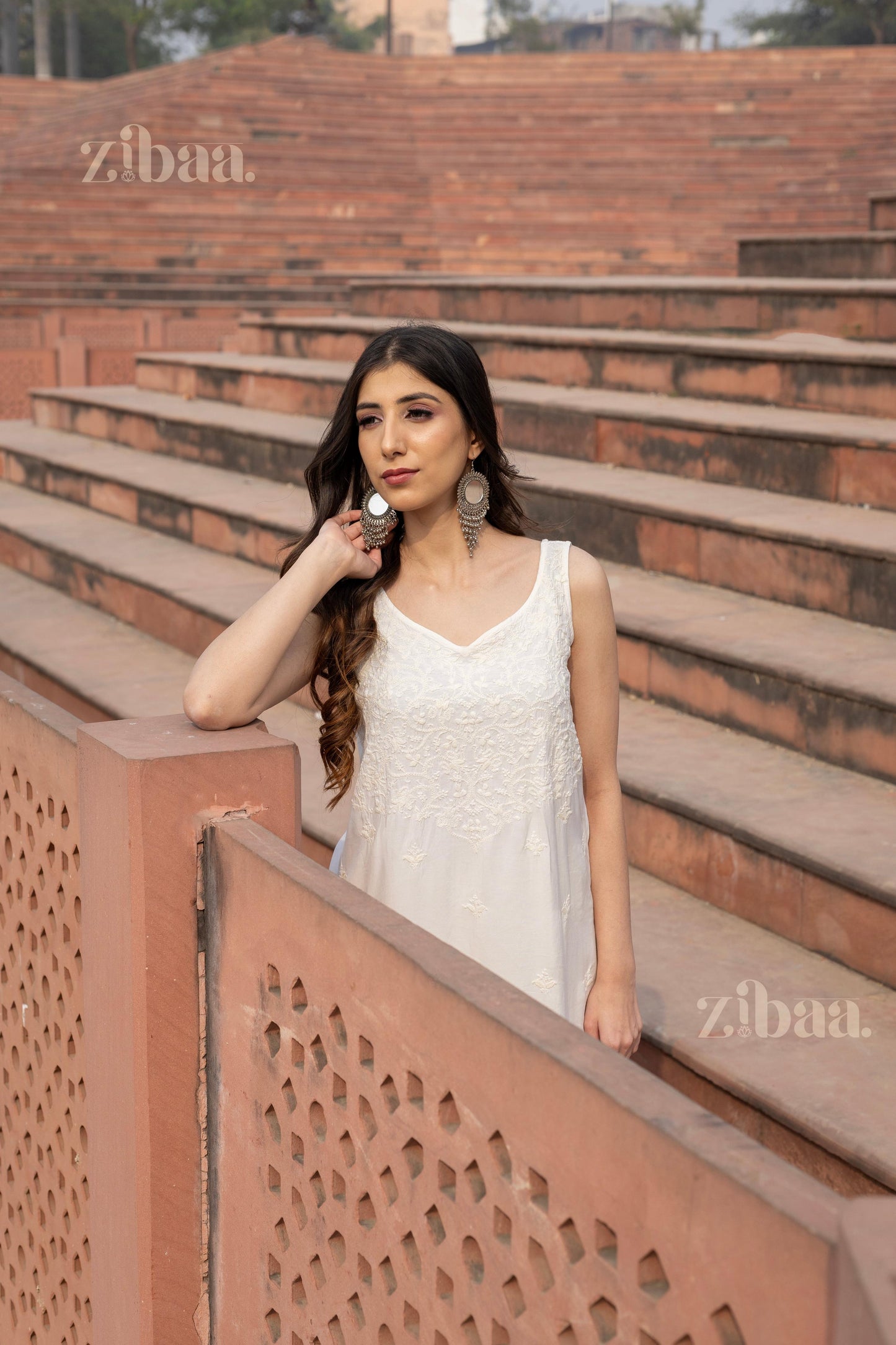 Zibaa Ivory Muslin Chikankari Co-ord Set - Swadesiicart