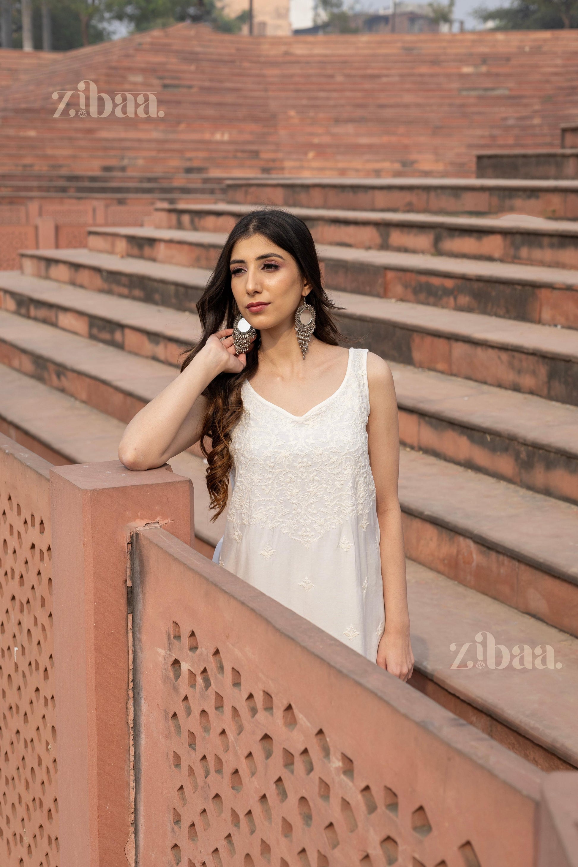 Zibaa Ivory Muslin Chikankari Co-ord Set - Swadesiicart