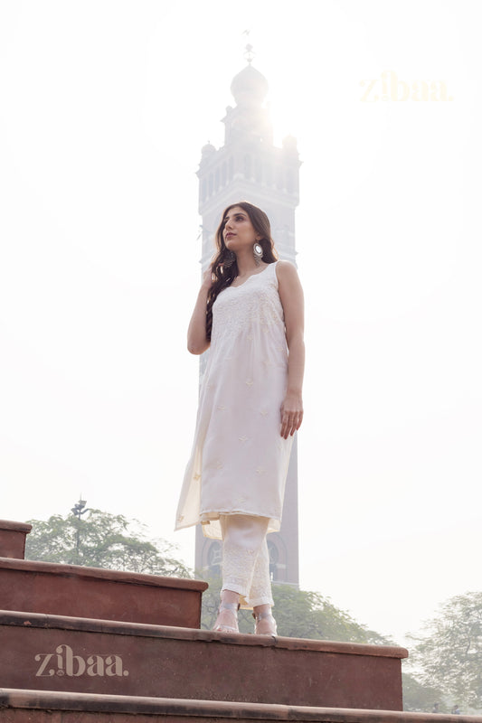 Zibaa Ivory Muslin Chikankari Co-ord Set - Swadesiicart
