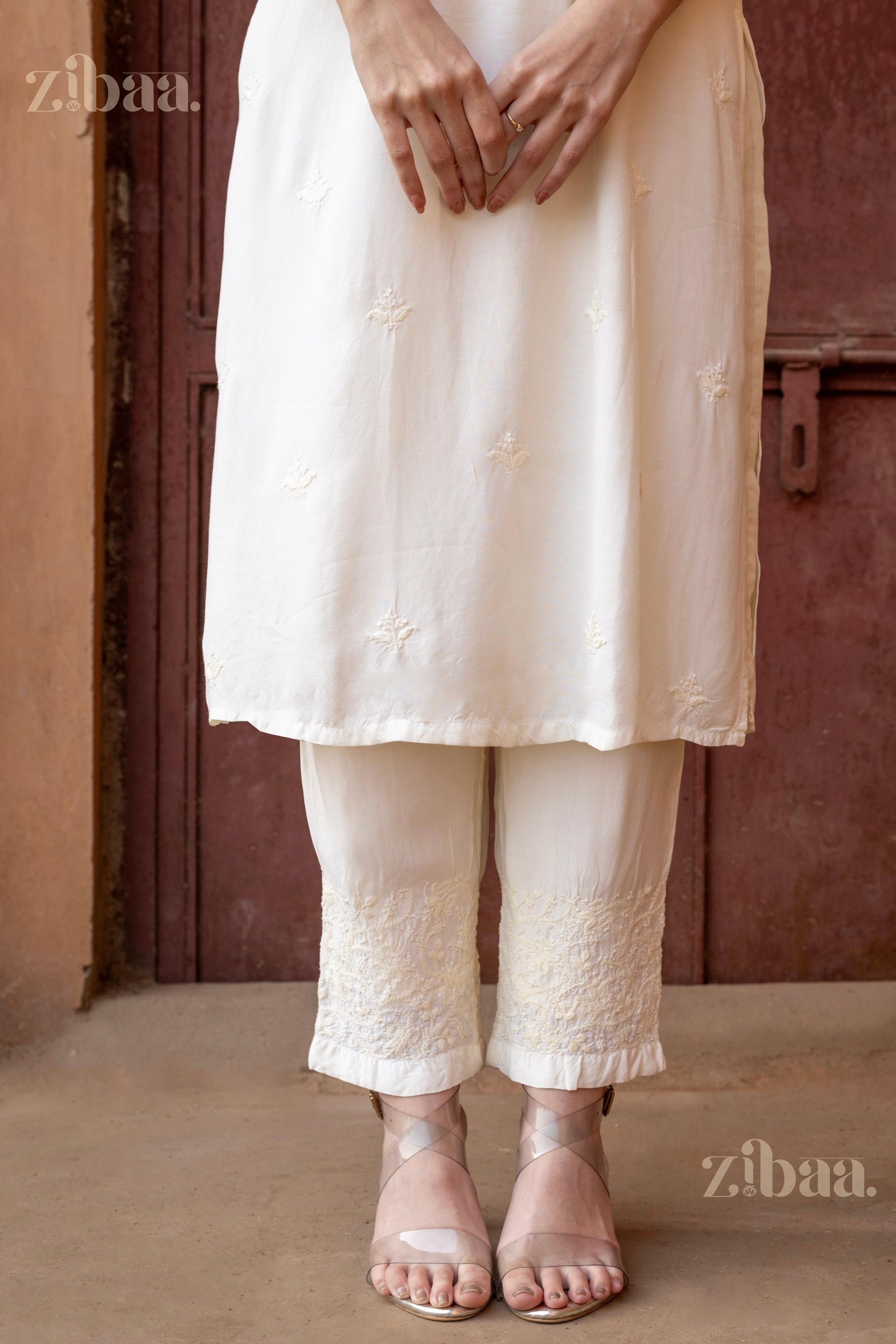 Zibaa Ivory Muslin Chikankari Co-ord Set - Swadesiicart