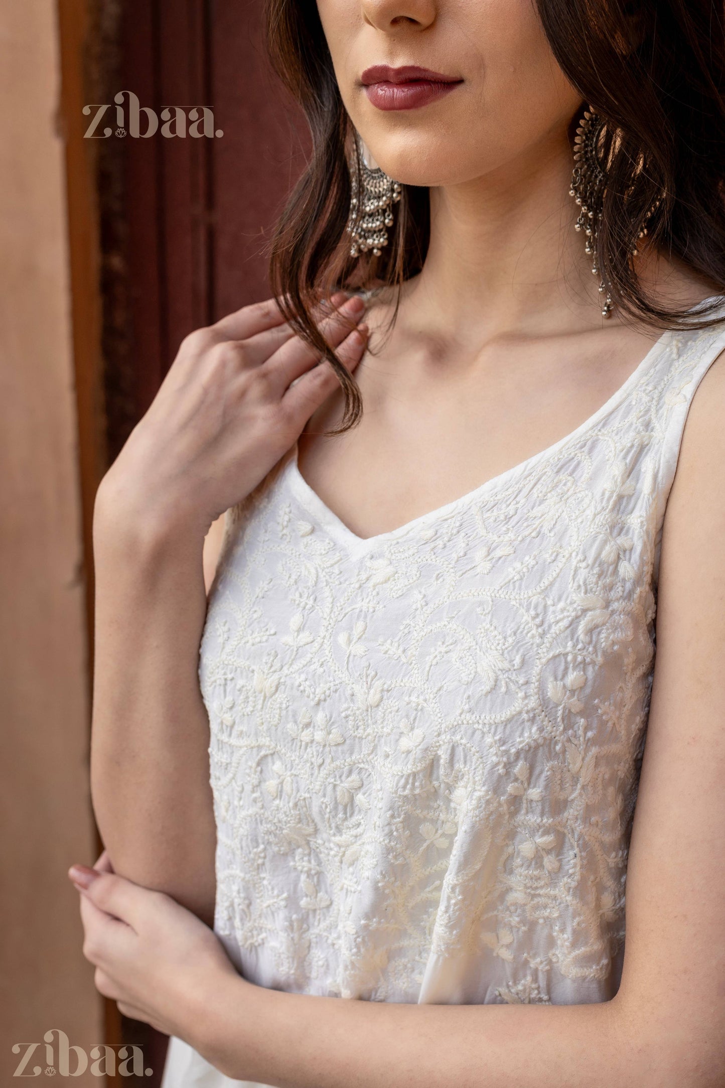 Zibaa Ivory Muslin Chikankari Co-ord Set - Swadesiicart
