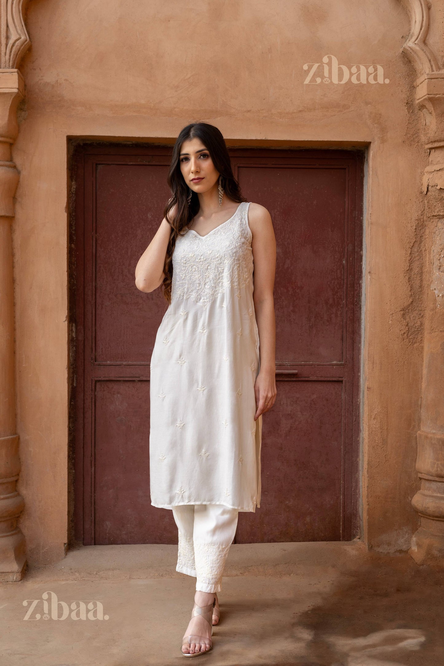 Zibaa Ivory Muslin Chikankari Co-ord Set - Swadesiicart