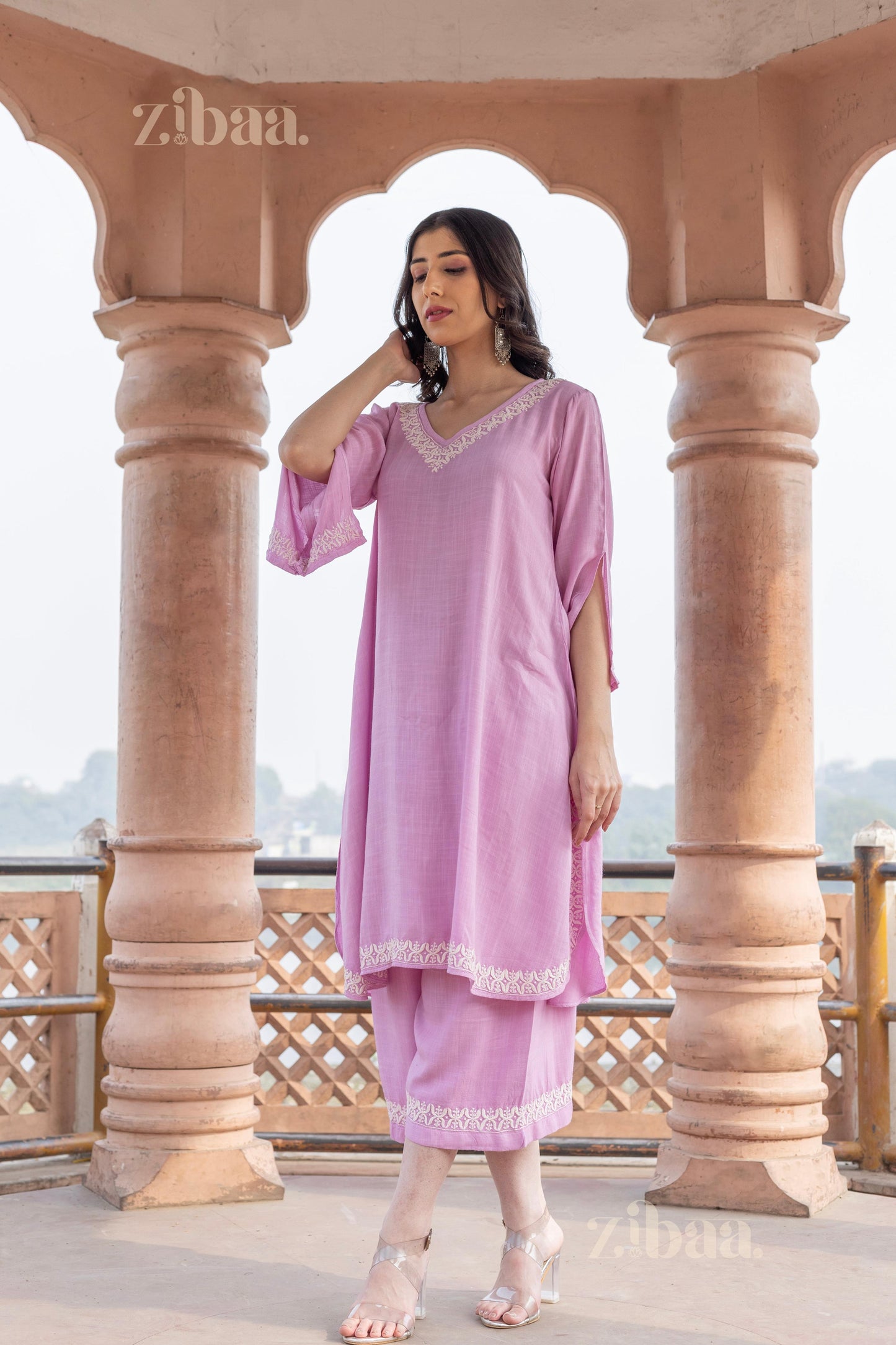 Zibaa Lilac Rayon Chikankari Co-ord Set - Swadesiicart