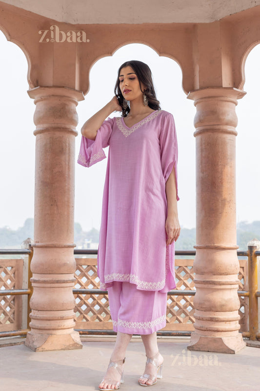 Zibaa Lilac Rayon Chikankari Co-ord Set - Swadesiicart