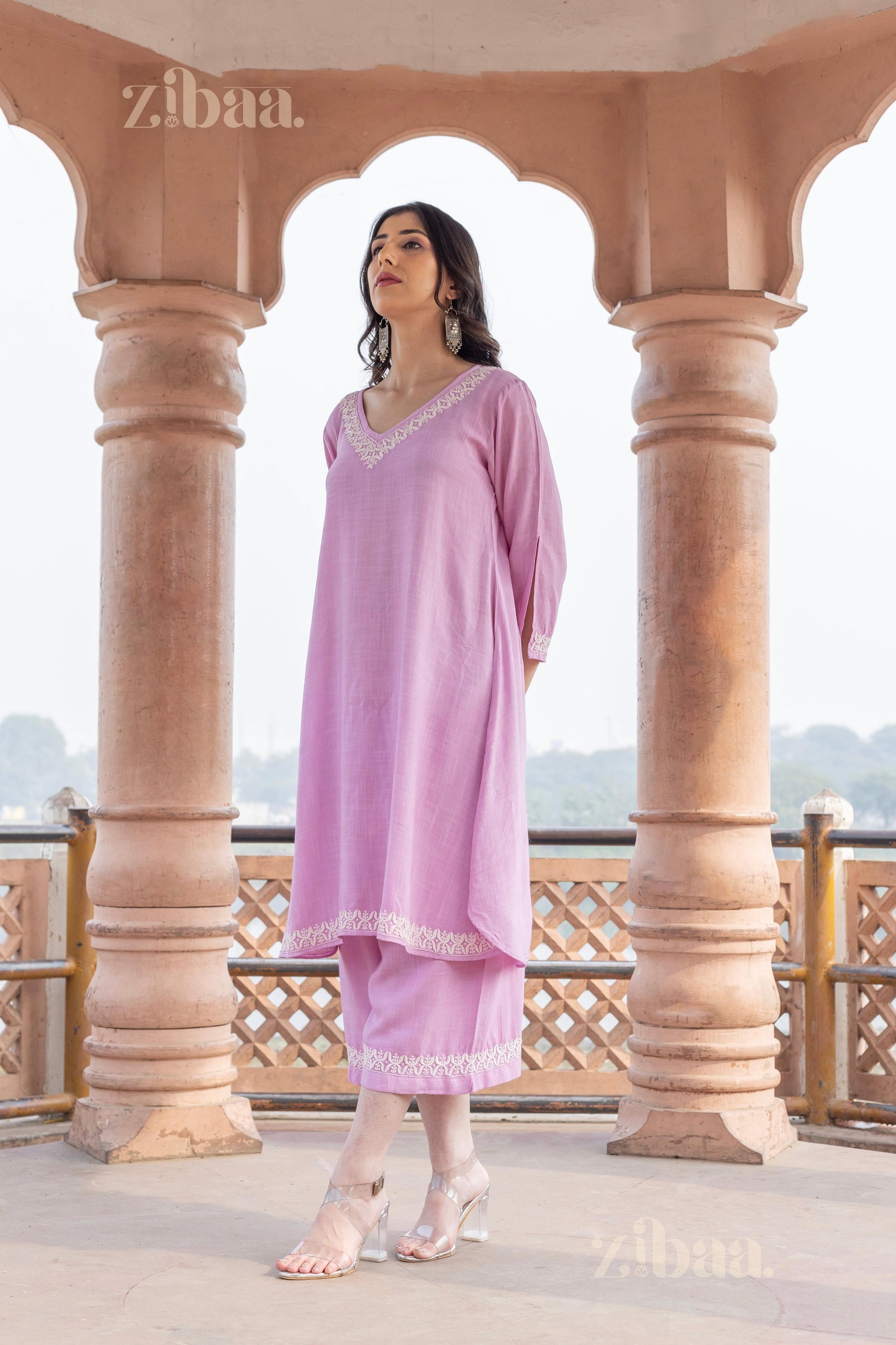 Zibaa Lilac Rayon Chikankari Co-ord Set - Swadesiicart