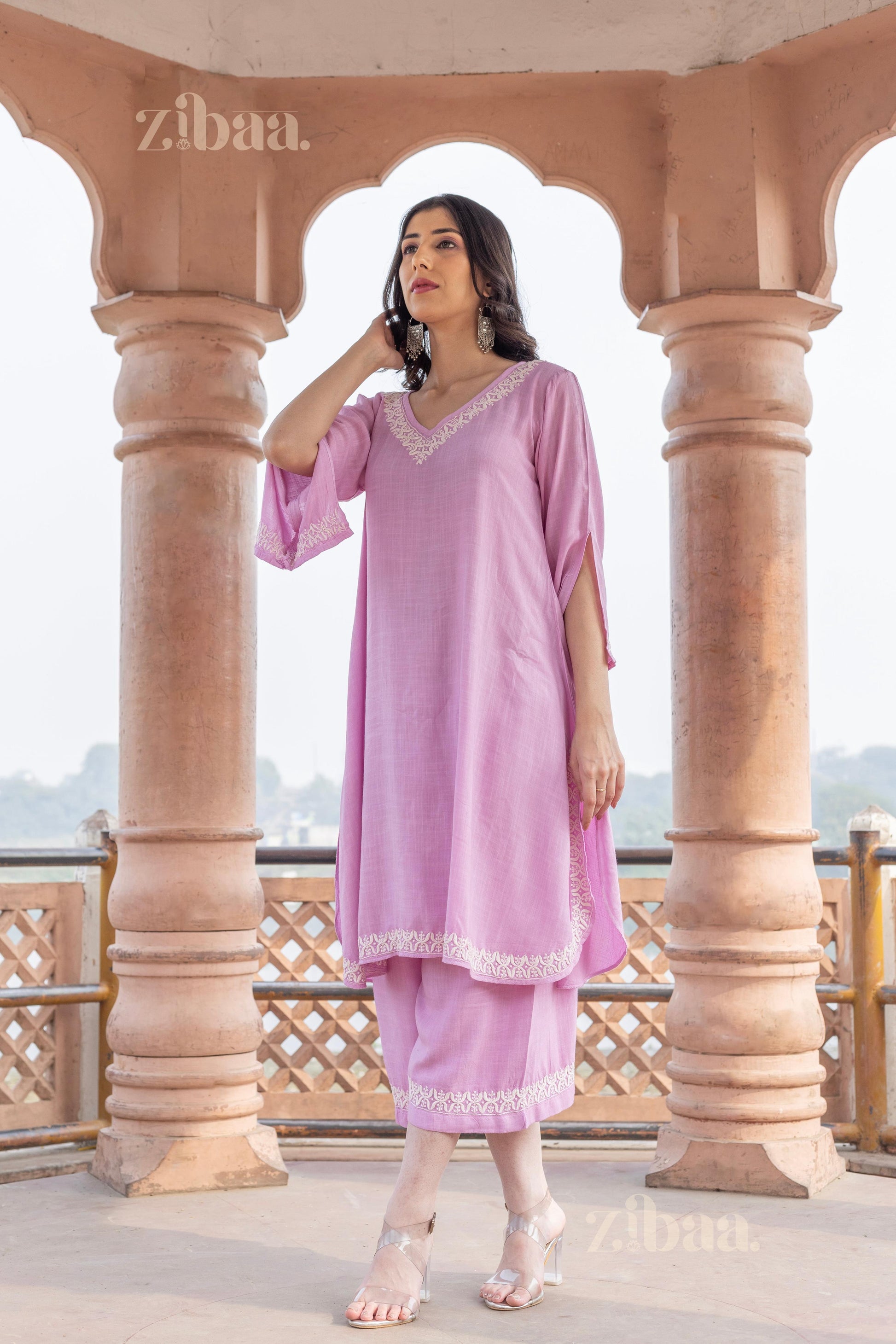 Zibaa Lilac Rayon Chikankari Co-ord Set - Swadesiicart