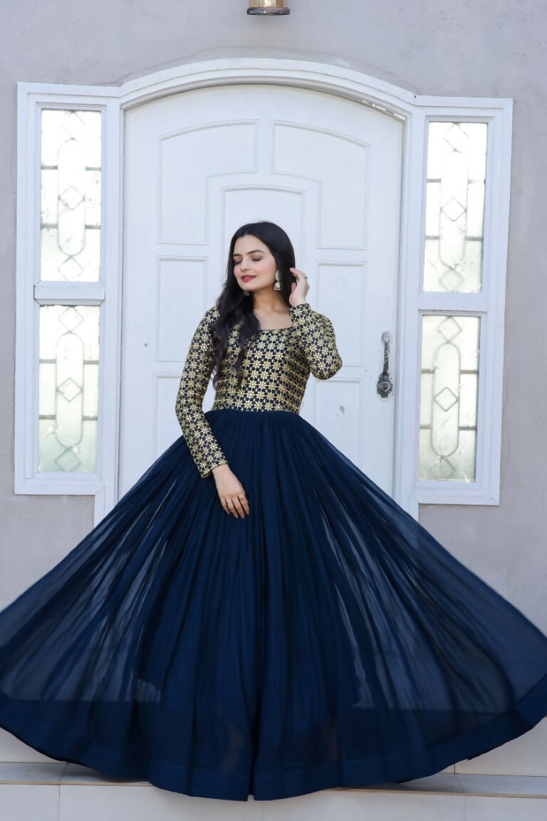 Jyoti Fashion Women's Navy Blue Sequence Zari Embroidered Faux Blooming Anarkali Dress | Swadesiicart