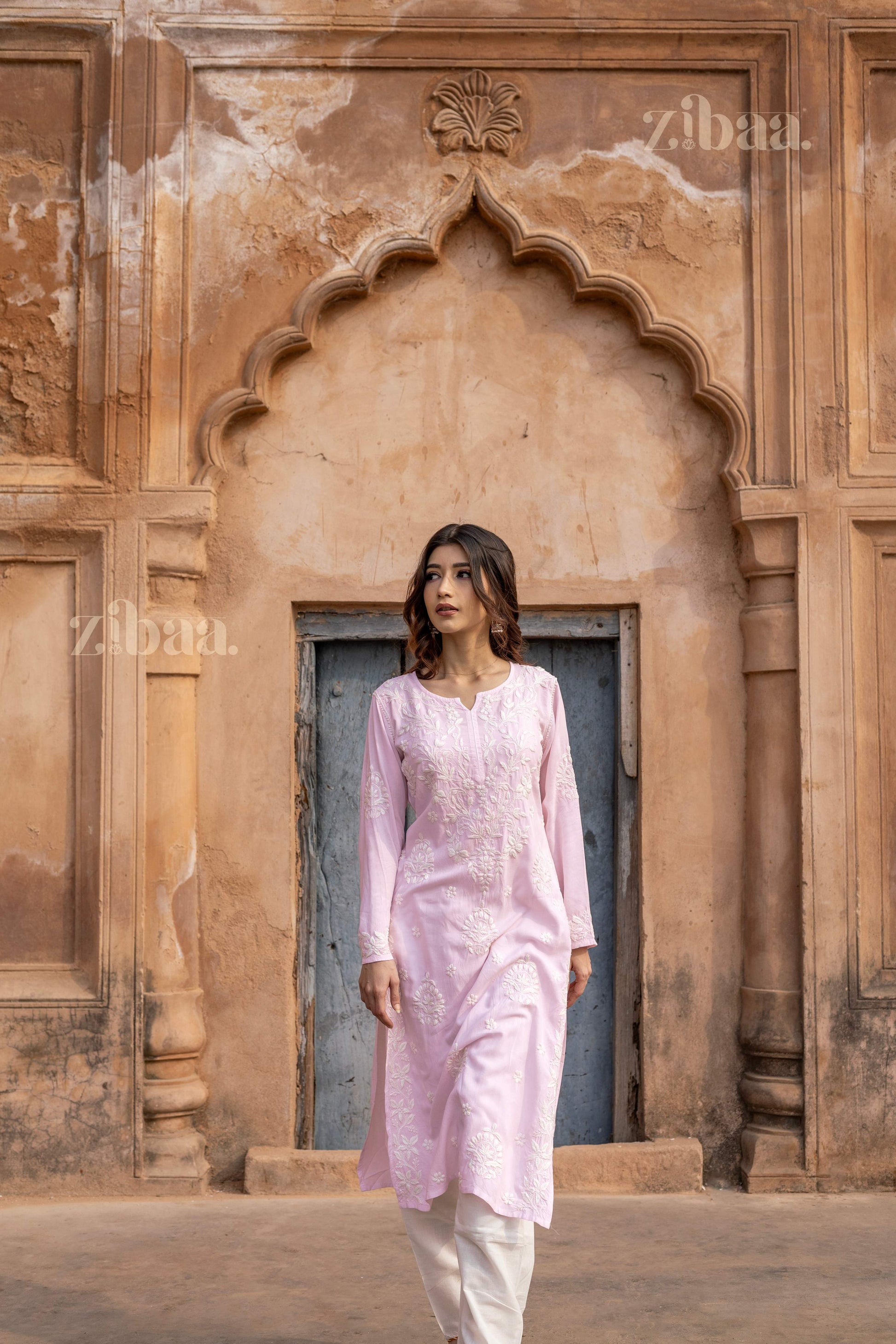 Zibaa Modal Blush Pink Long Chikankari Kurti - Swadesiicart
