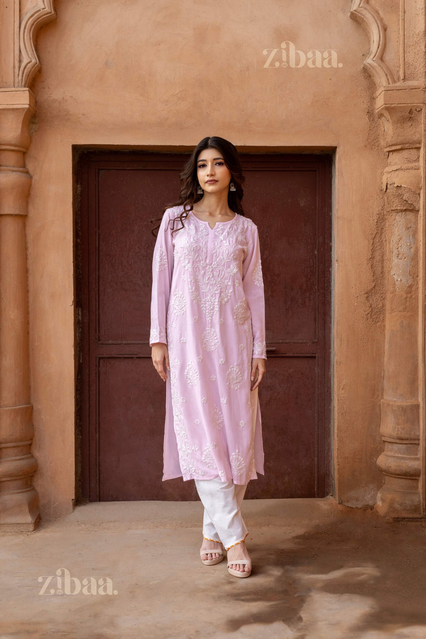 Zibaa Modal Blush Pink Long Chikankari Kurti - Swadesiicart