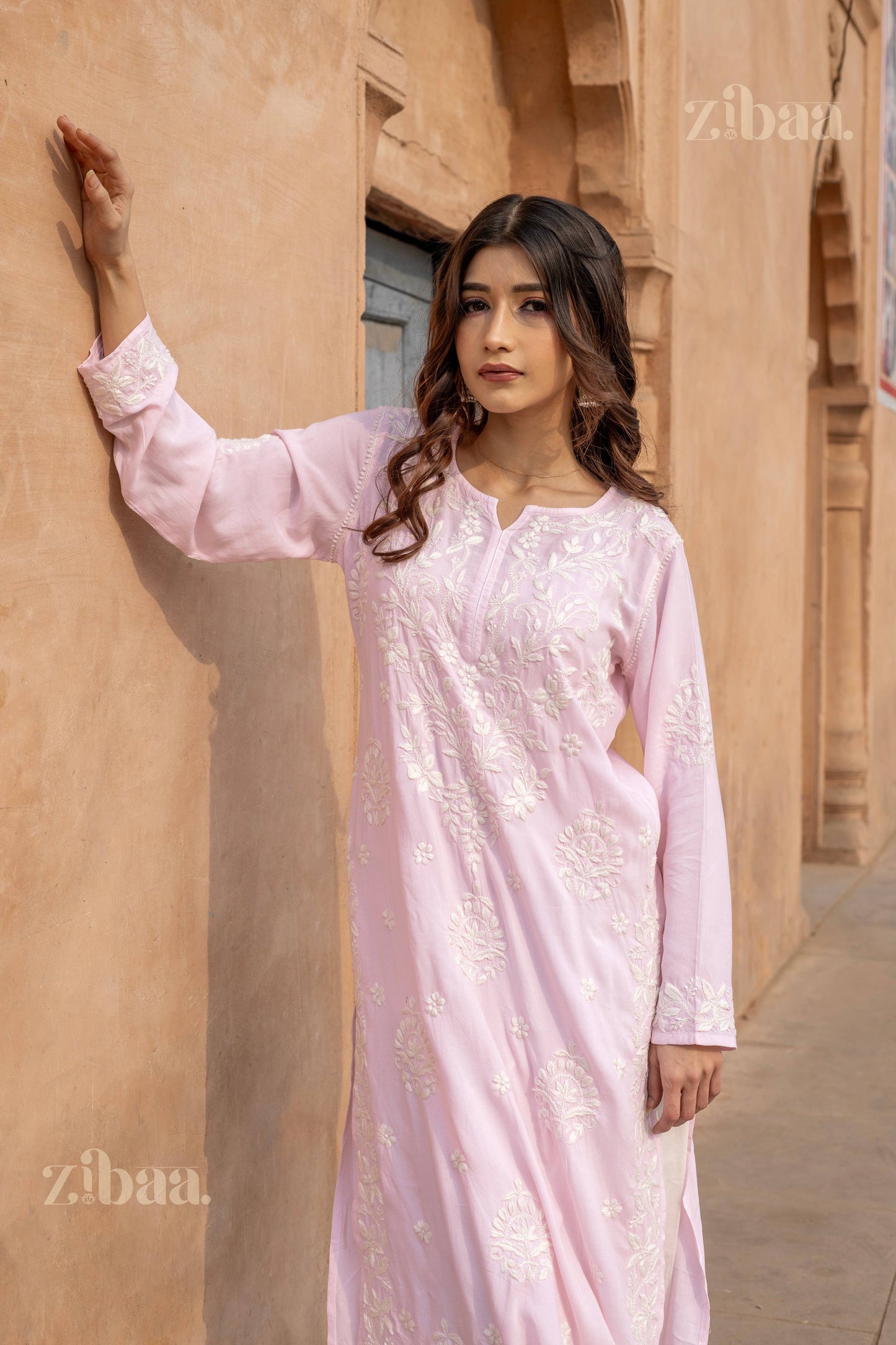 Zibaa Modal Blush Pink Long Chikankari Kurti - Swadesiicart