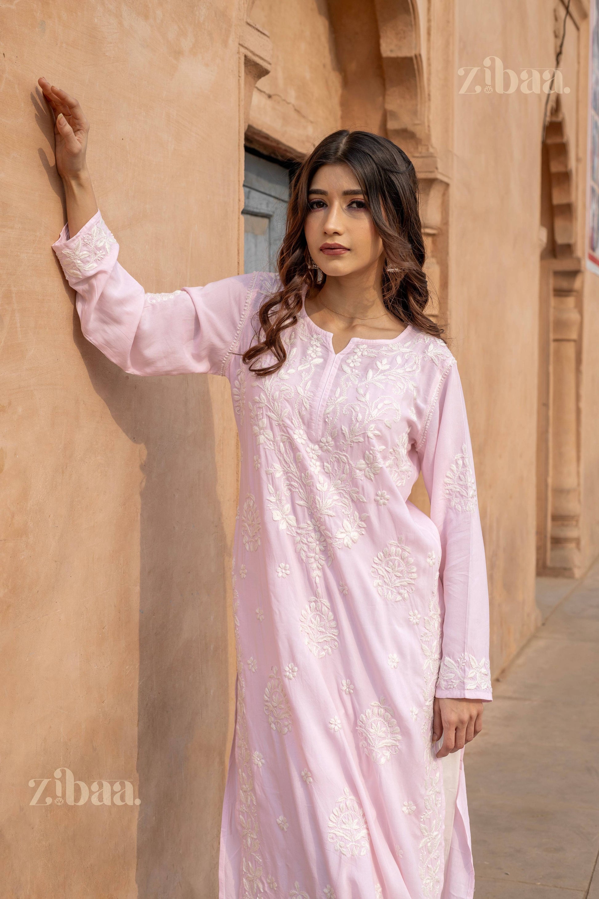 Zibaa Modal Blush Pink Long Chikankari Kurti - Swadesiicart