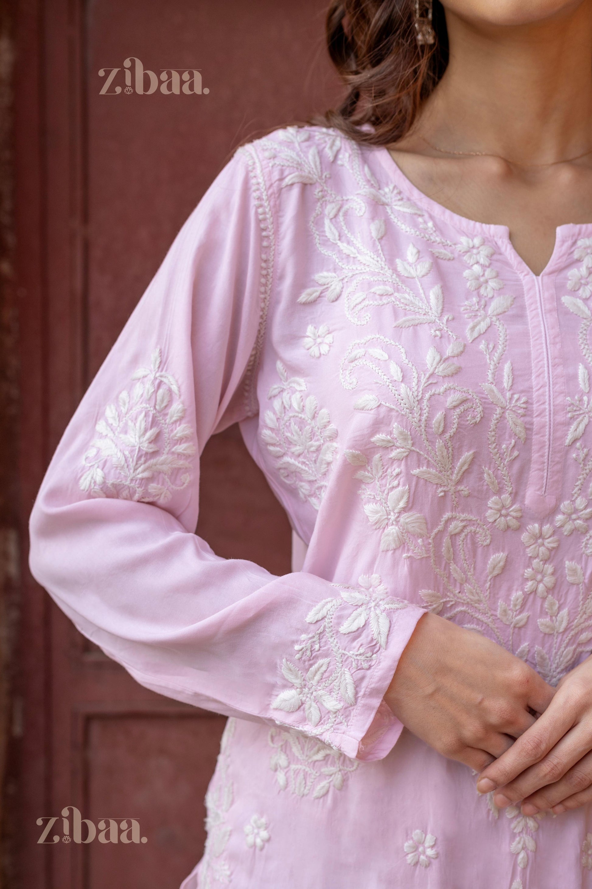 Zibaa Modal Blush Pink Long Chikankari Kurti - Swadesiicart