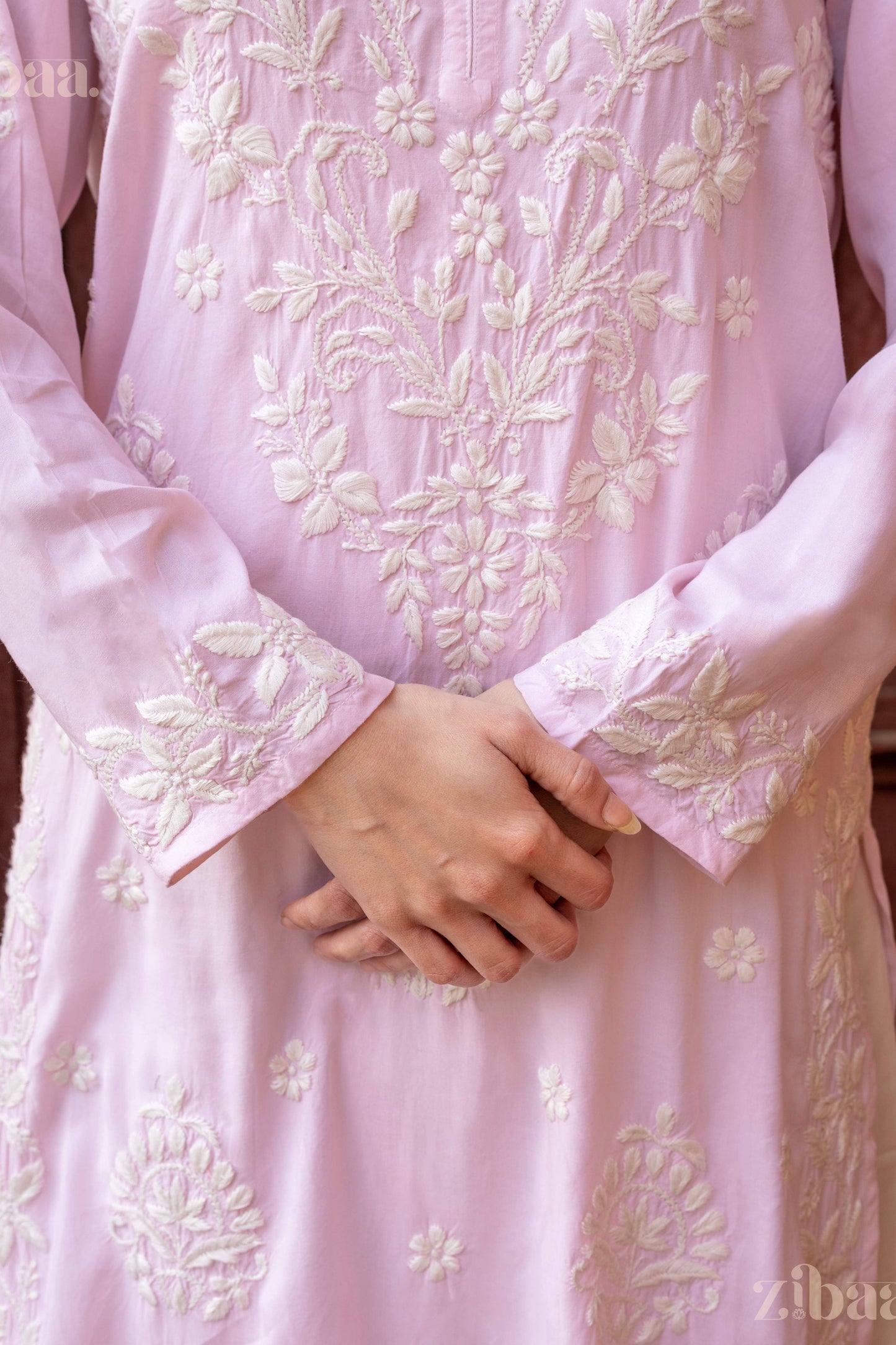 Zibaa Modal Blush Pink Long Chikankari Kurti - Swadesiicart