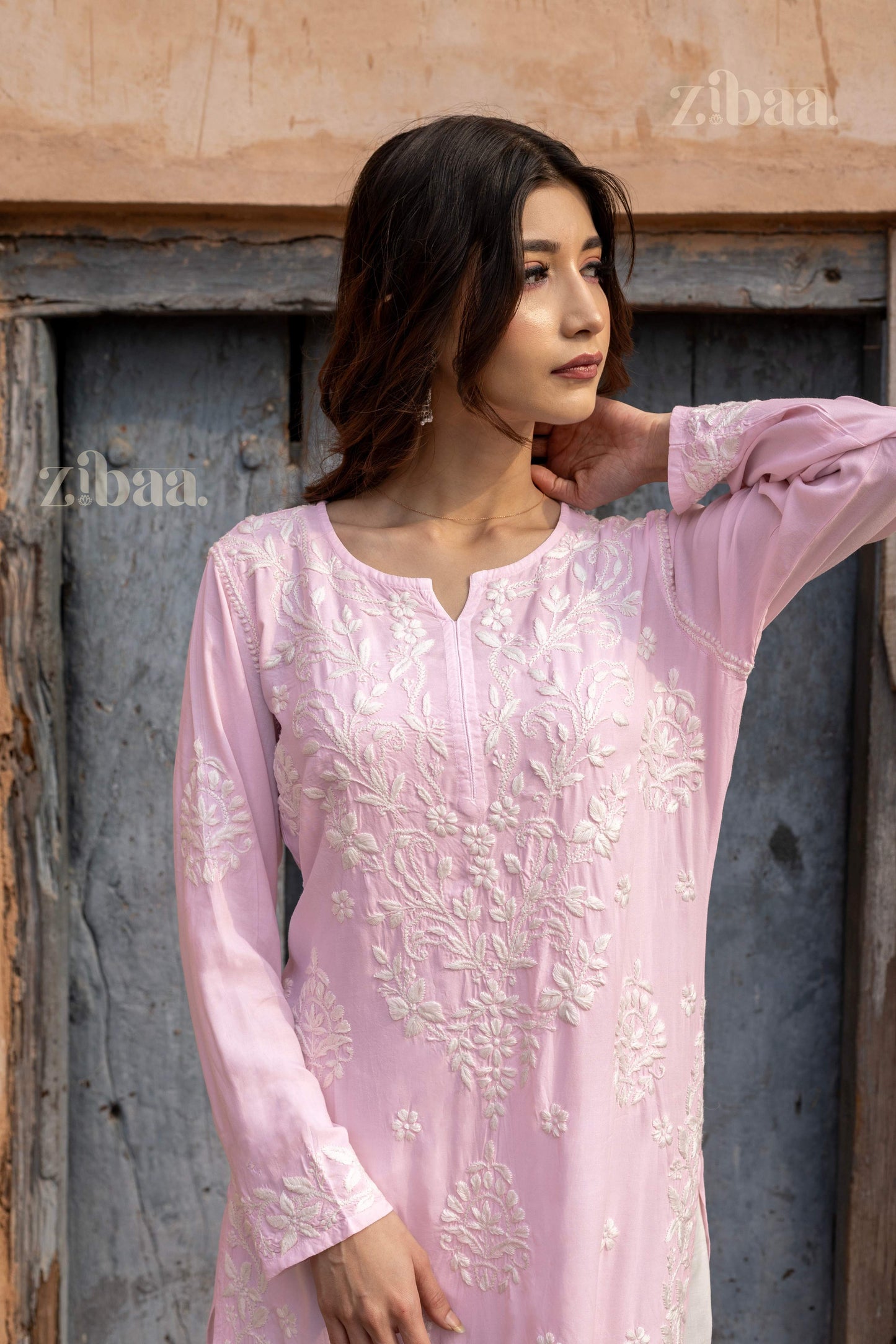 Zibaa Modal Blush Pink Long Chikankari Kurti - Swadesiicart
