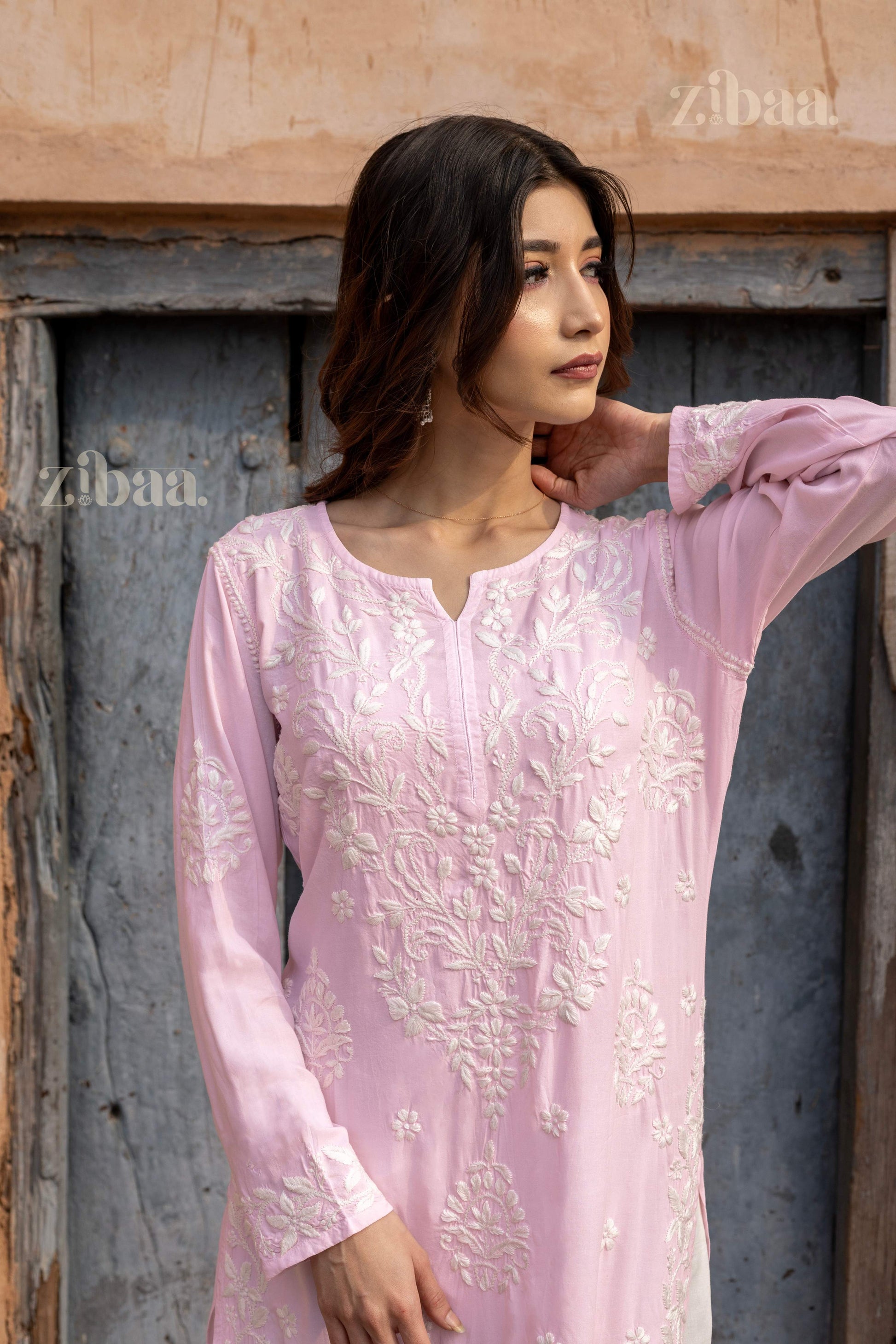 Zibaa Modal Blush Pink Long Chikankari Kurti - Swadesiicart