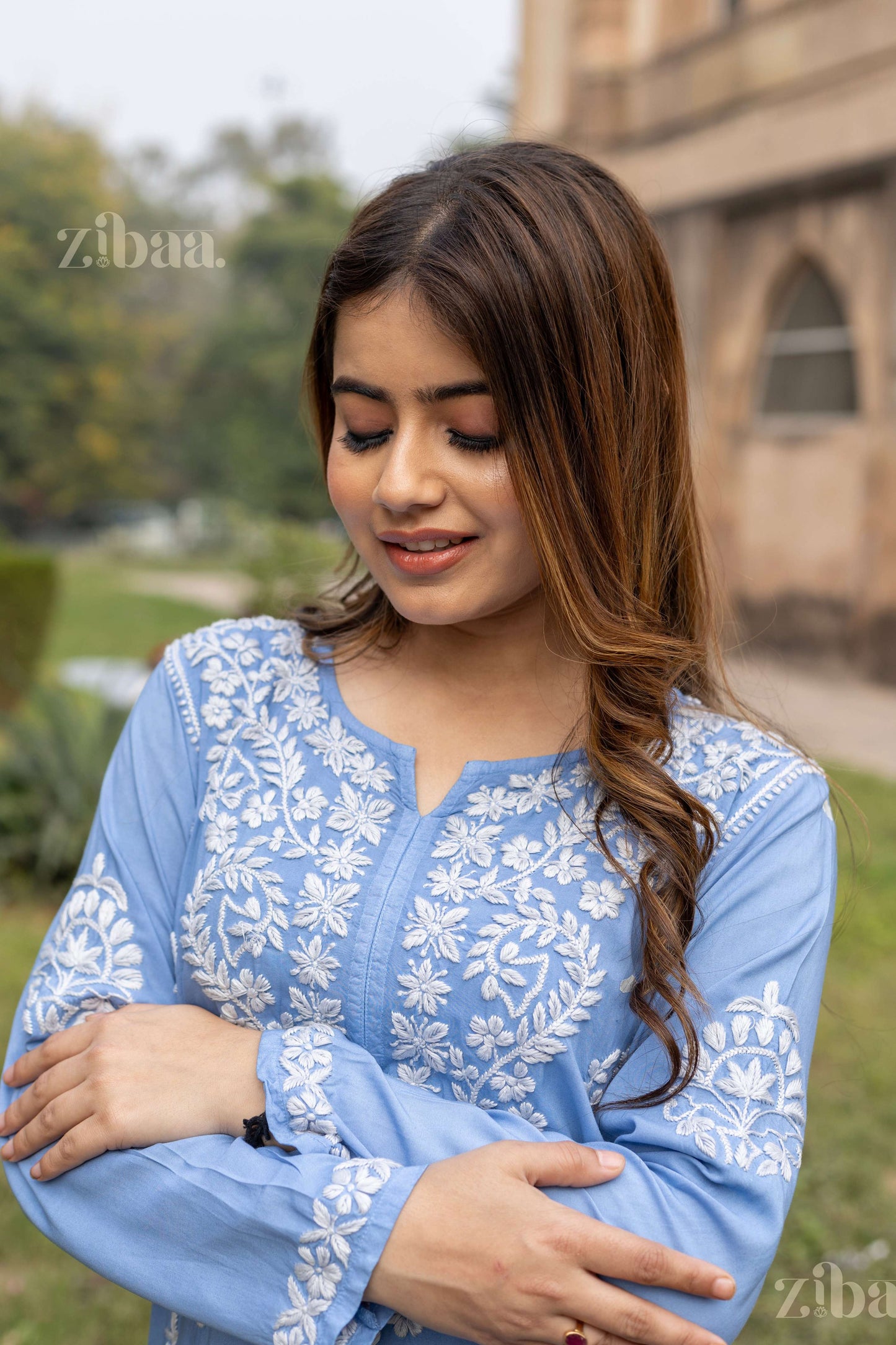 Zibaa Modal Powder Blue Long Chikankari Kurti - Swadesiicart