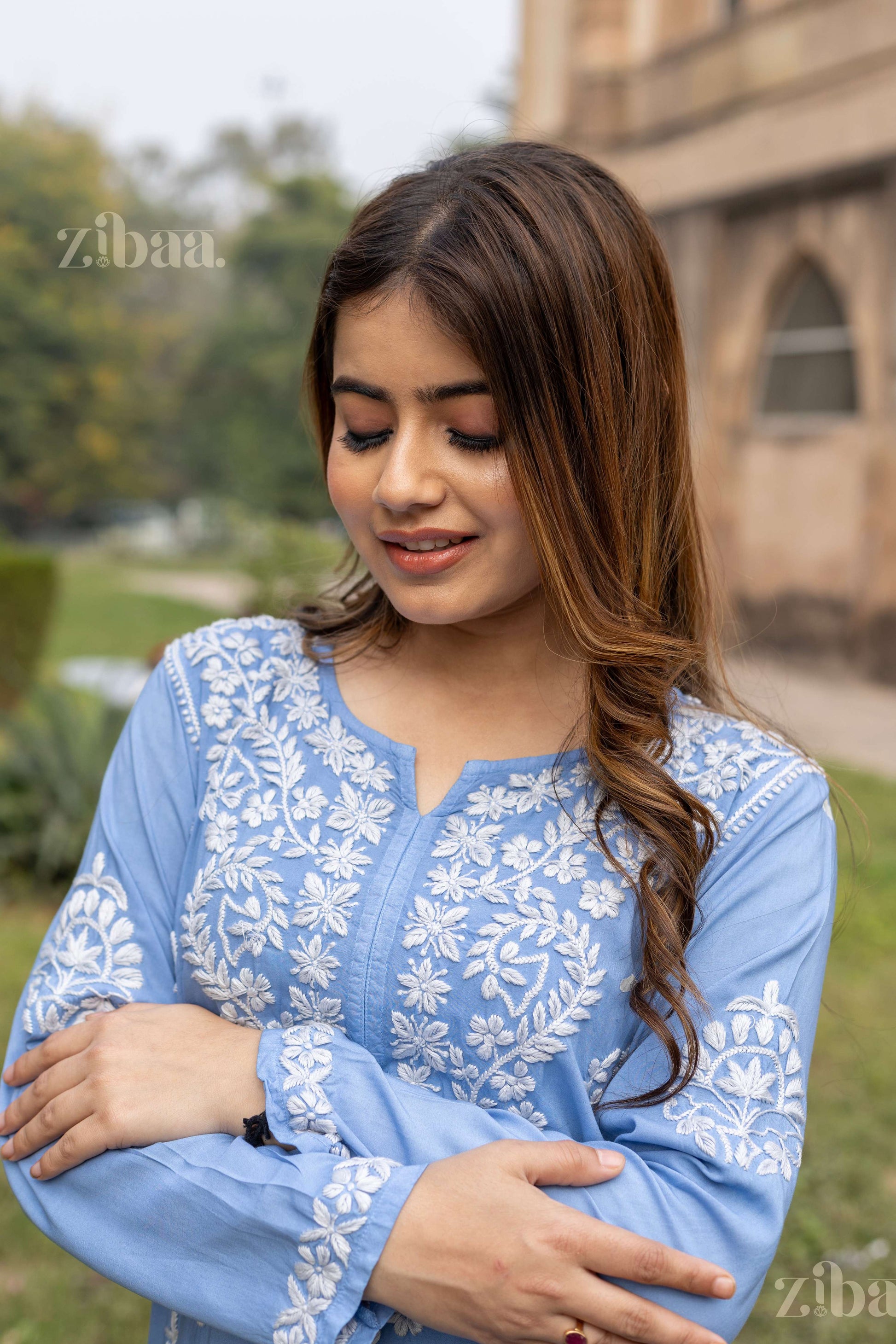 Zibaa Modal Powder Blue Long Chikankari Kurti - Swadesiicart