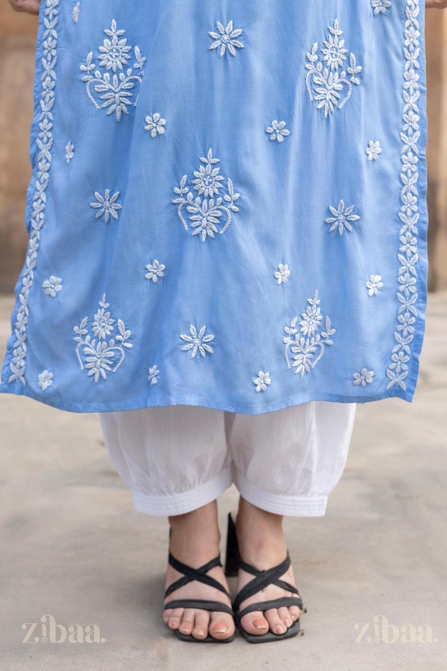 Zibaa Modal Powder Blue Long Chikankari Kurti - Swadesiicart