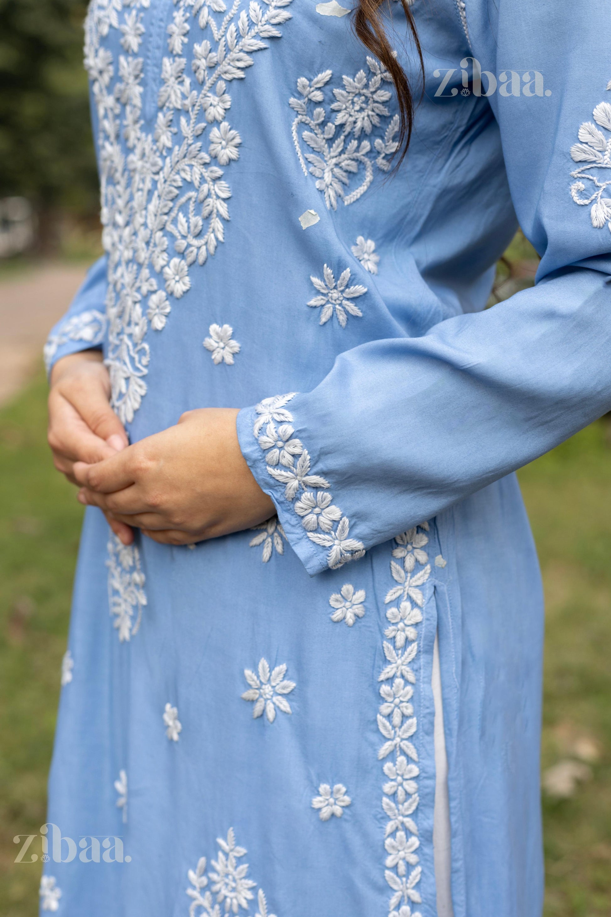 Zibaa Modal Powder Blue Long Chikankari Kurti - Swadesiicart