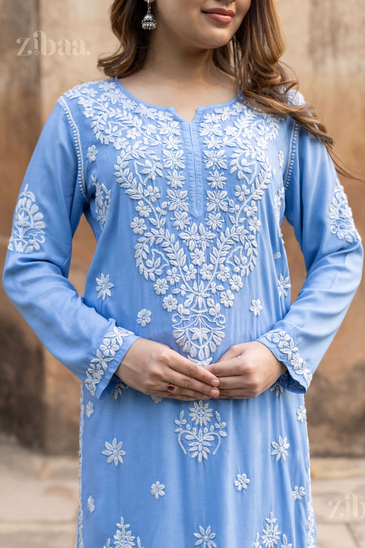 Zibaa Modal Powder Blue Long Chikankari Kurti - Swadesiicart