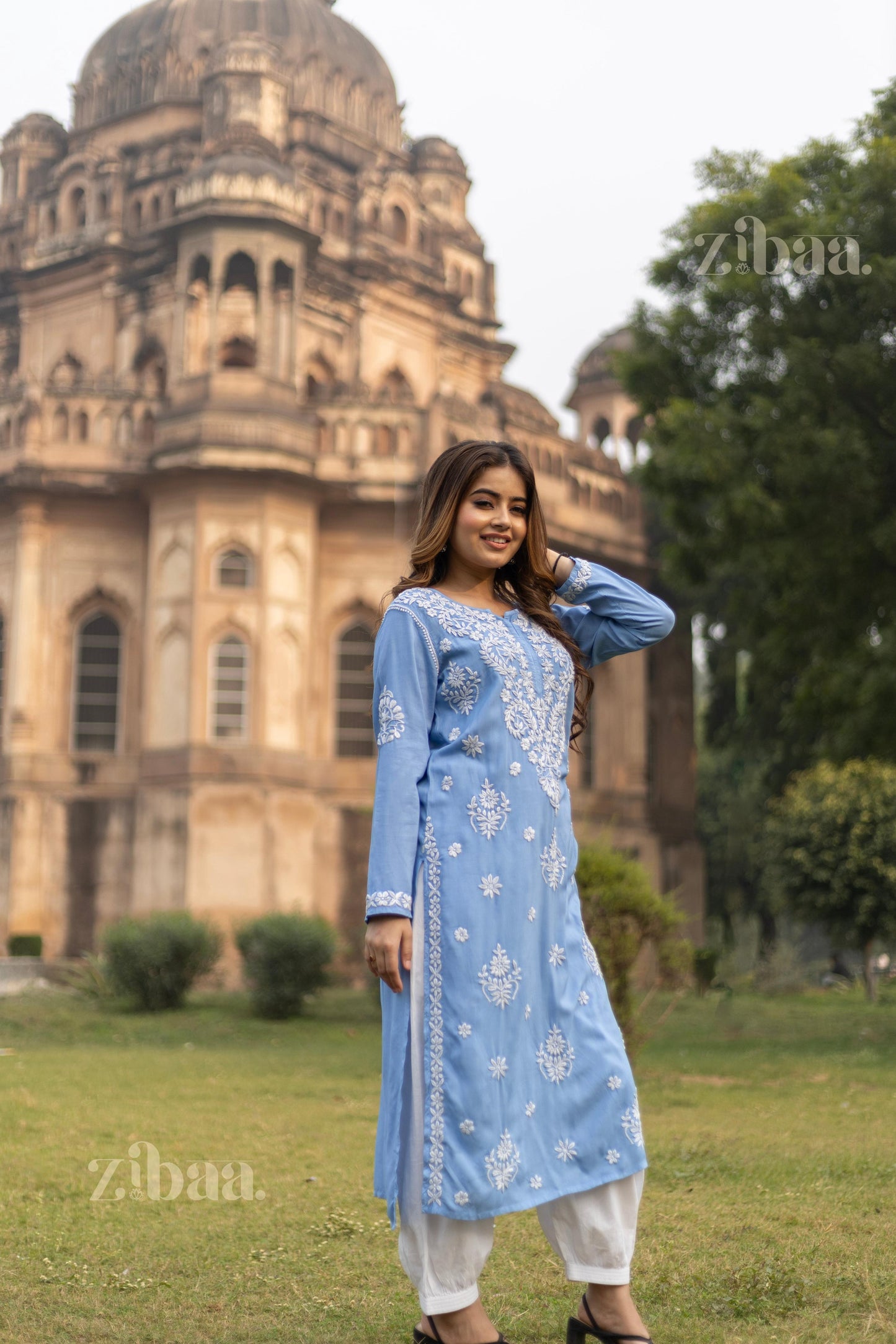 Zibaa Modal Powder Blue Long Chikankari Kurti - Swadesiicart
