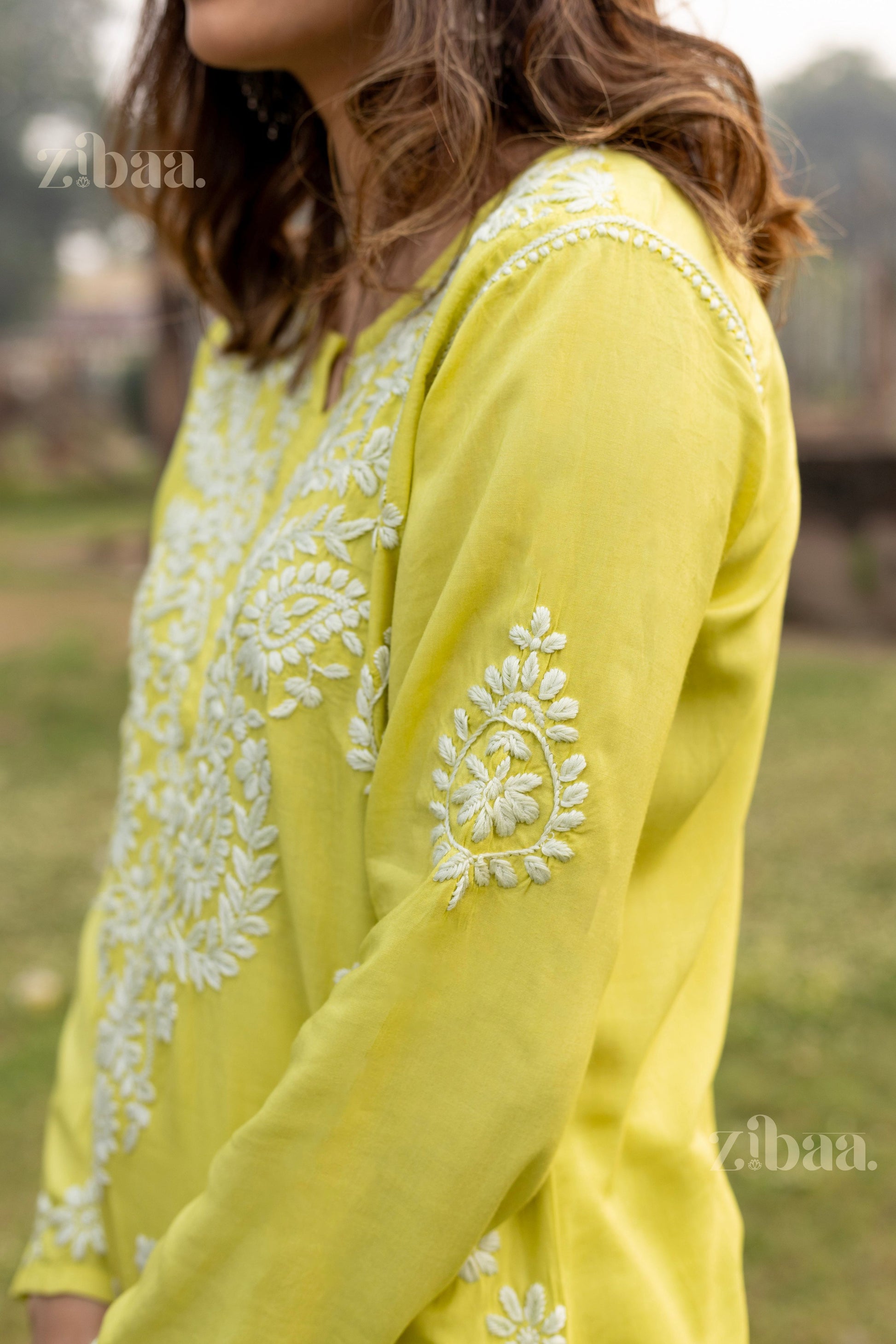 Zibaa Modal Olive Green Long Chikankari Kurti - Swadesiicart