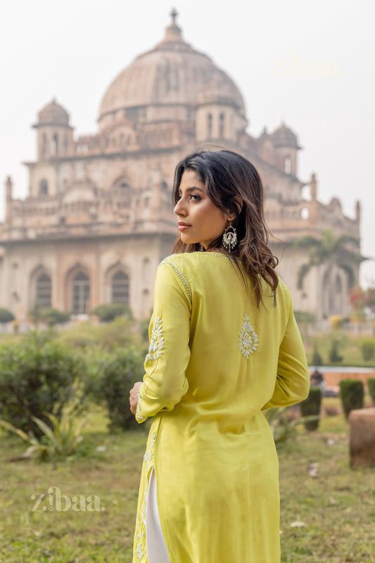 Zibaa Modal Olive Green Long Chikankari Kurti - Swadesiicart