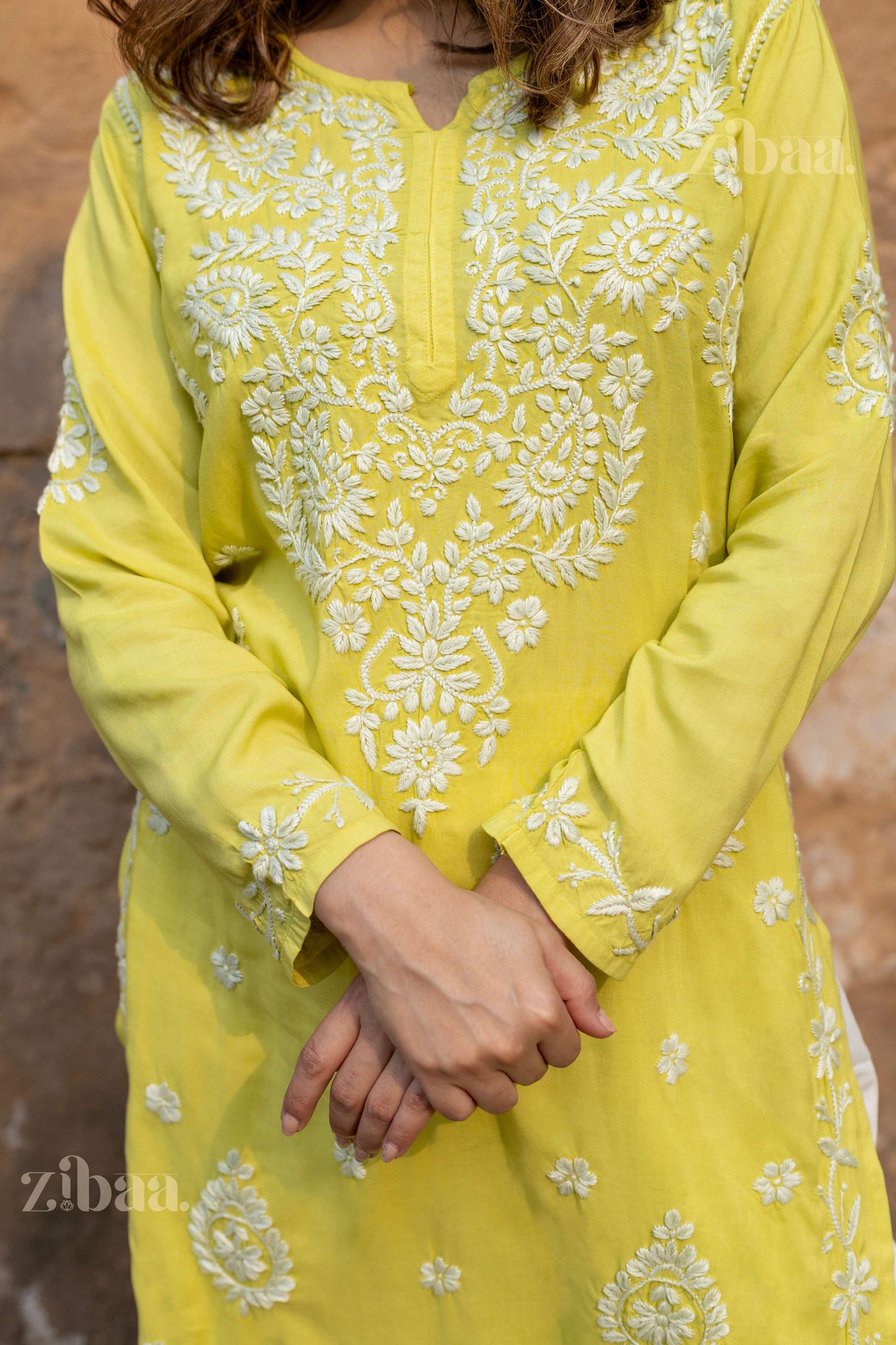 Zibaa Modal Olive Green Long Chikankari Kurti - Swadesiicart