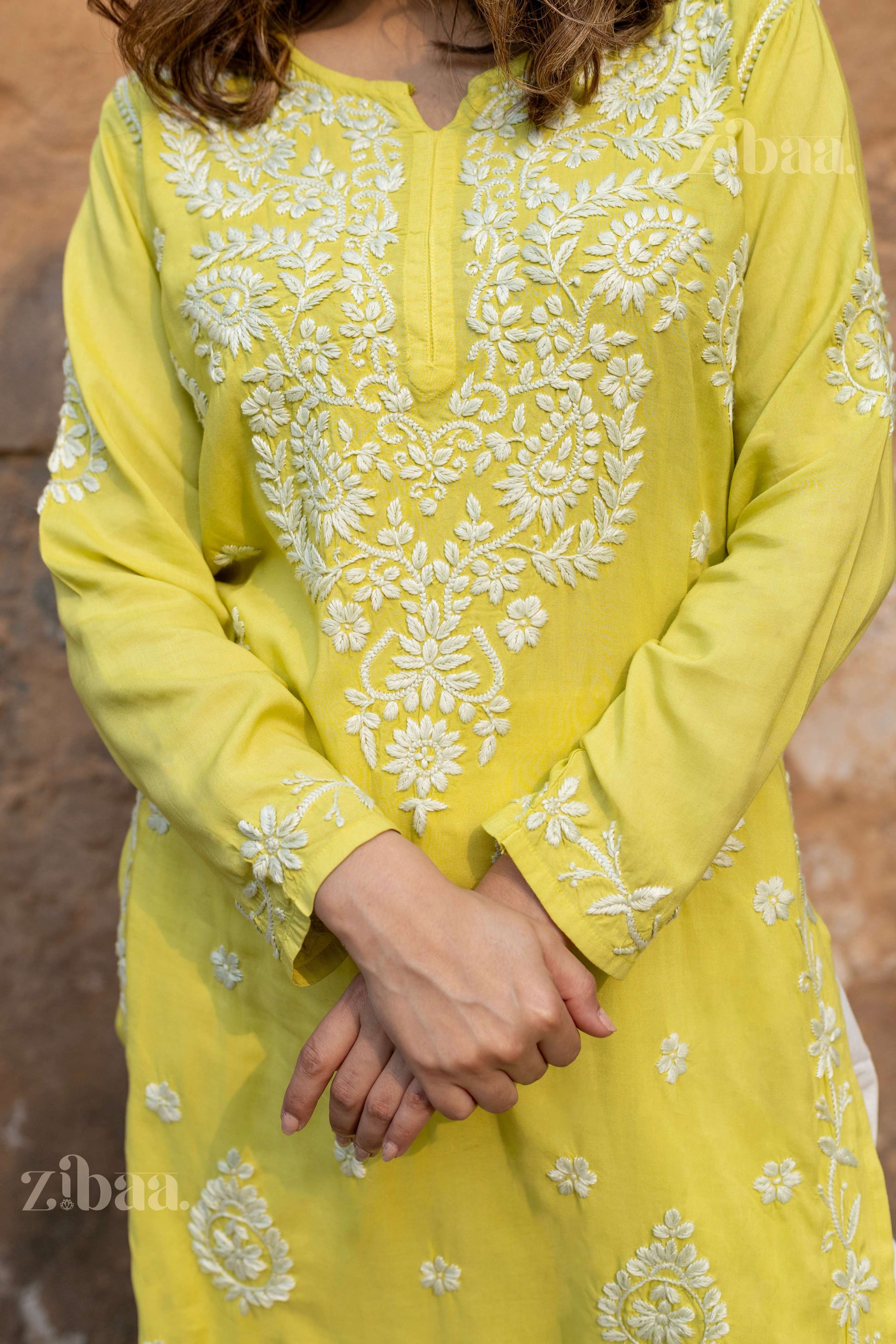 Zibaa Modal Olive Green Long Chikankari Kurti - Swadesiicart