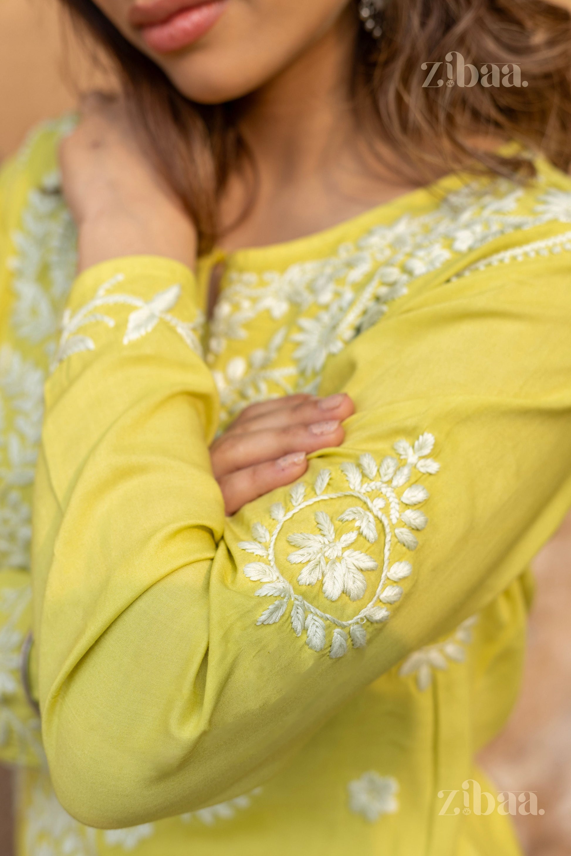 Zibaa Modal Olive Green Long Chikankari Kurti - Swadesiicart