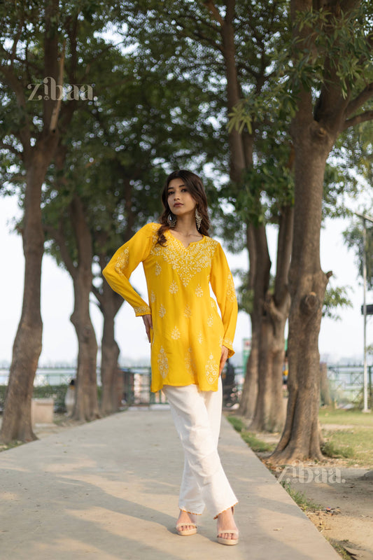 Zibaa Modal Mustard Yellow Short Chikankari Kurti - Swadesiicart